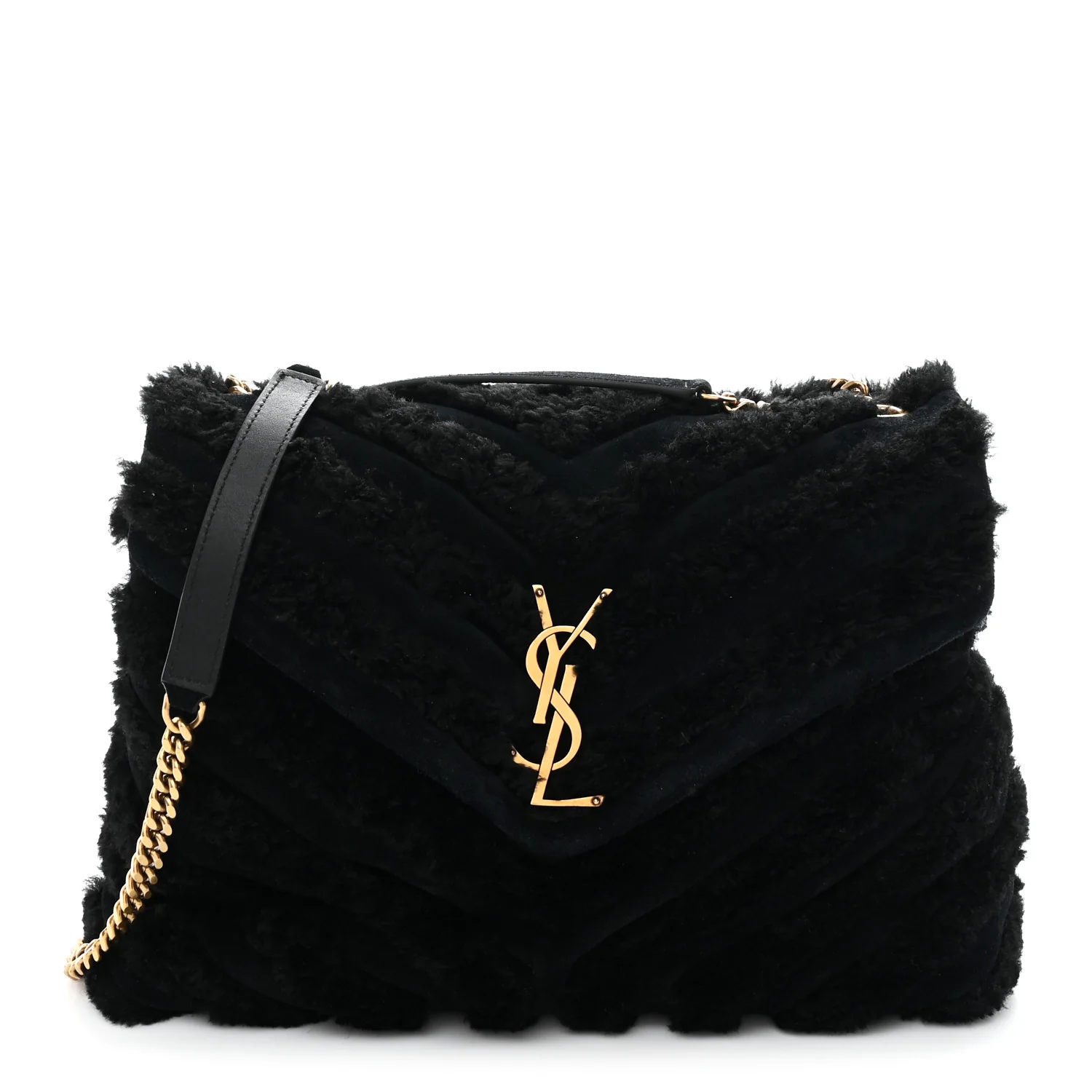 Shearling Y Quilted Monogram Medium Loulou Chain Satchel Black