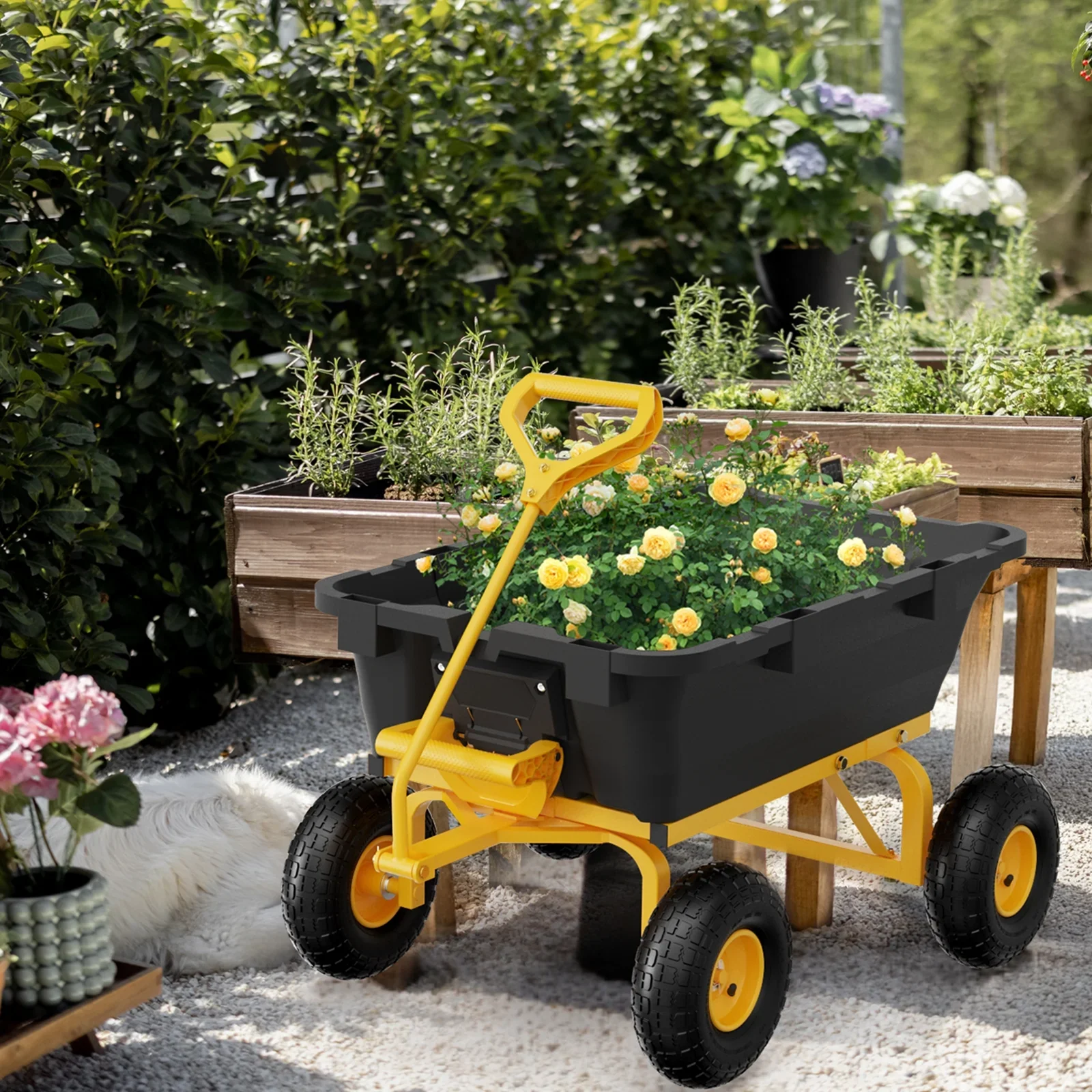 Zimtown 770 lbs Garden Dump Cart 4 Wheel All Terrain Steel Frame Quick Release, Yellow & Black