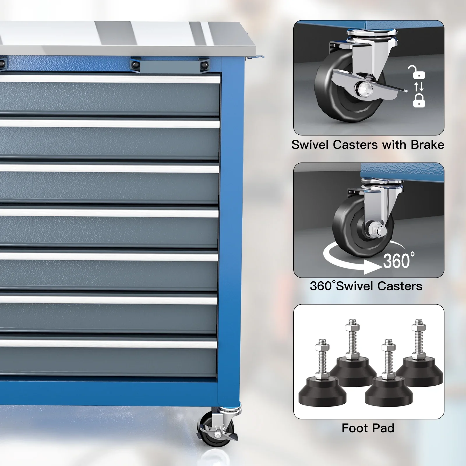 Rolling Tool Chest 5-Drawer Tool Cabinet with Stainless Steel Top Key Lock Heavy-Duty