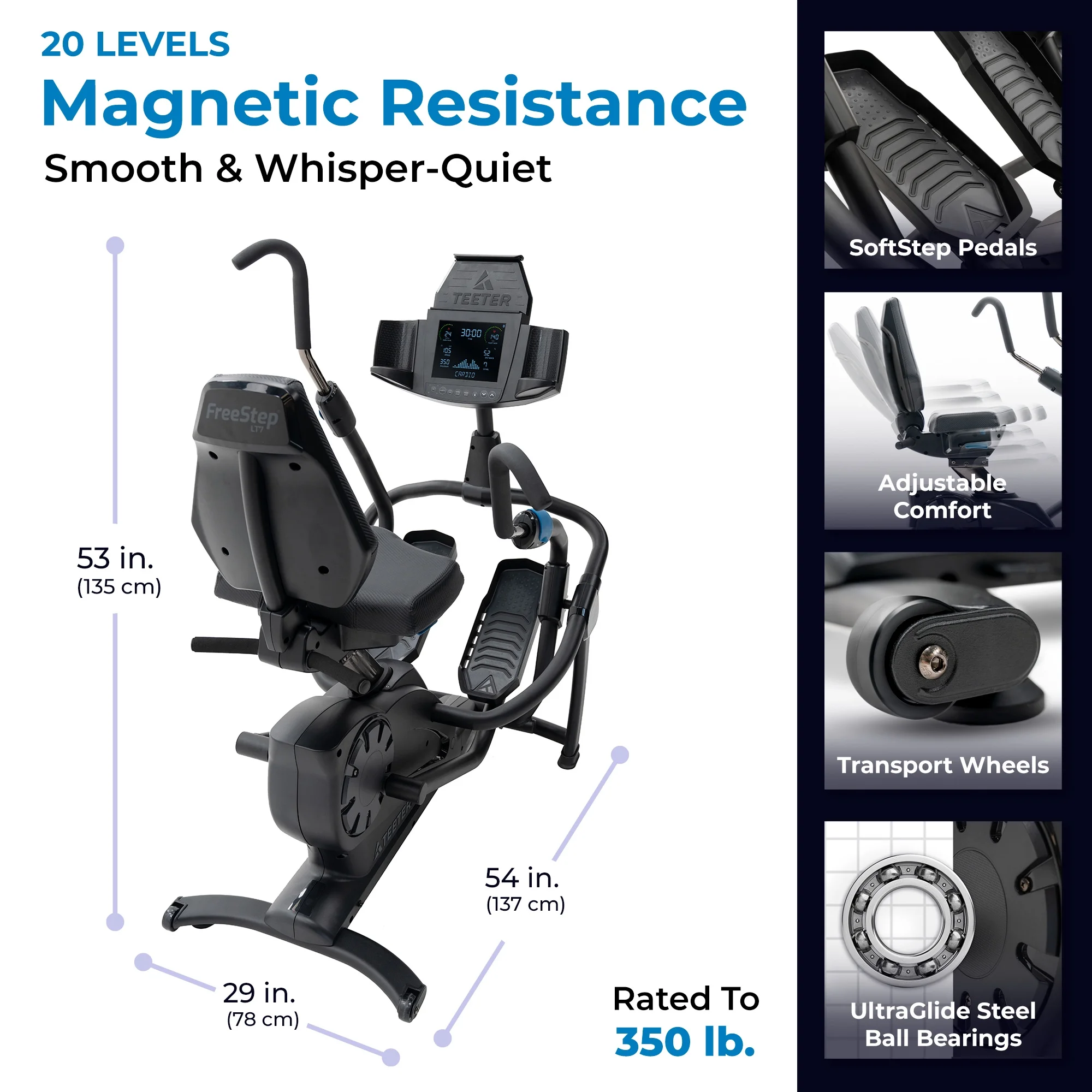 FreeStep LT7 Recumbent Cross Trainer Stepper Zero-Impact Exercise w/Patented Physical Therapy Stride Technology; LCD Console w/21 Programs, Bluetooth HRM Compatible; Free App w/Trainer-Led Workouts - Image 3