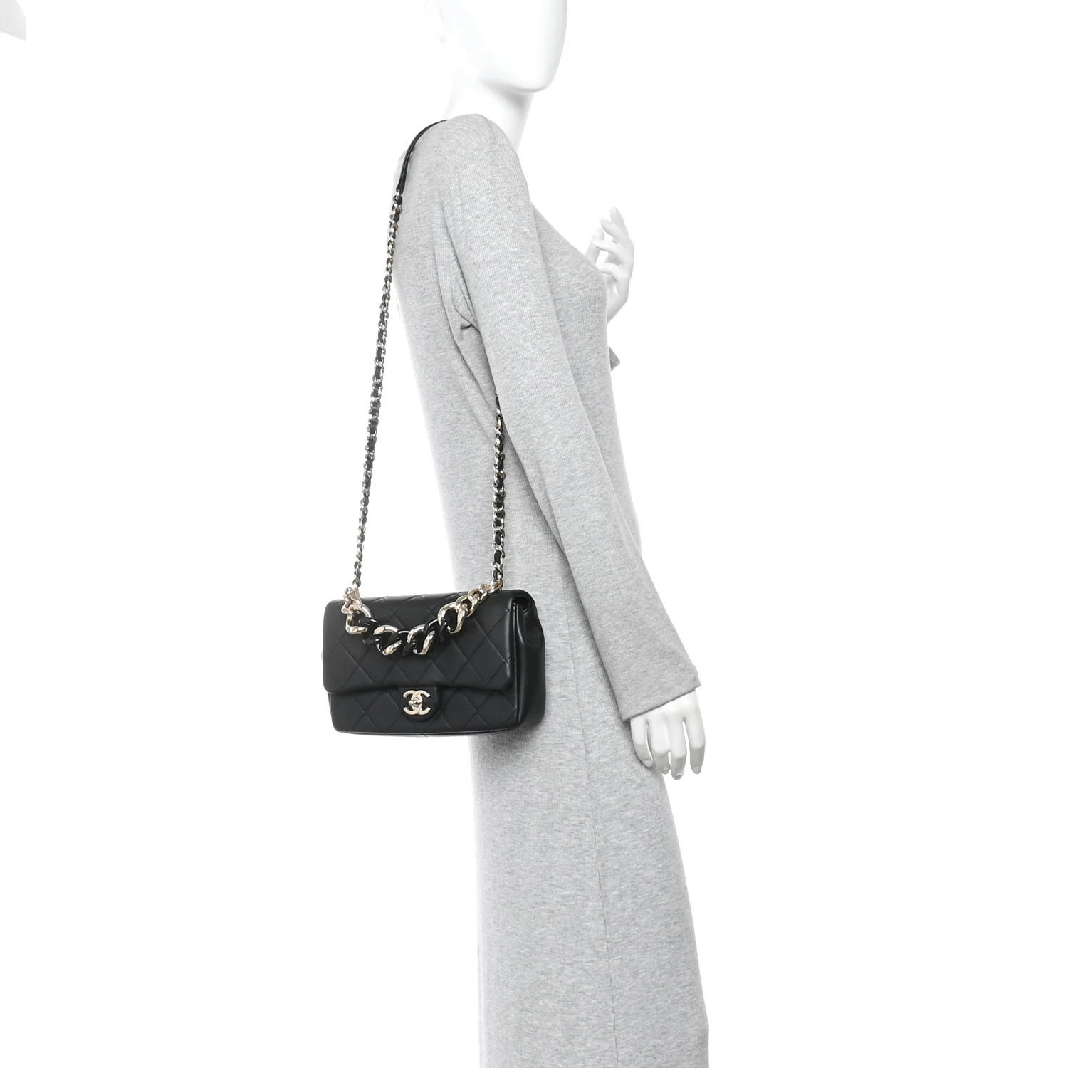 Lambskin Quilted Resin Bi-Color Chain Flap Bag Black