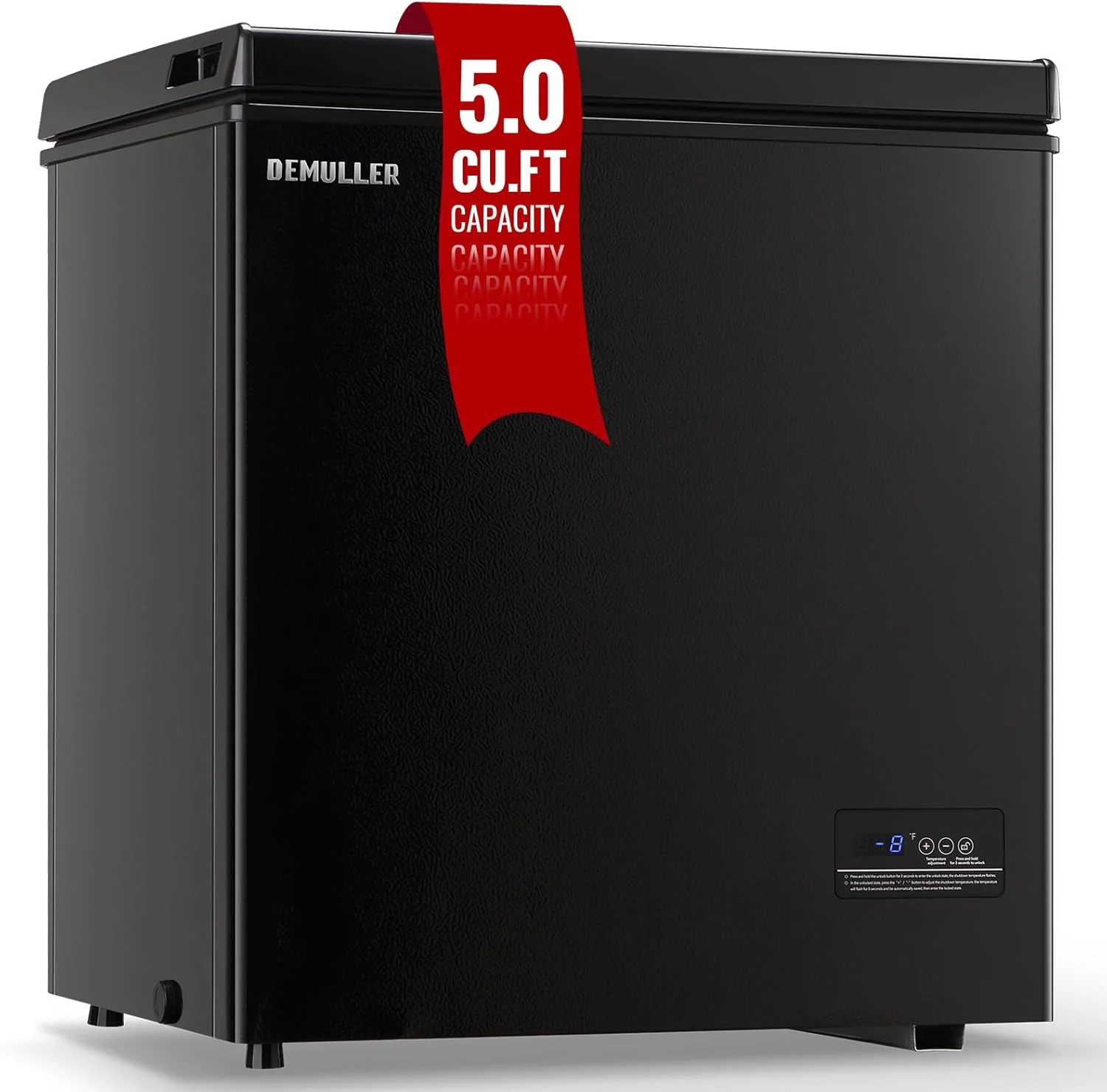 Congélateur coffre 5 pieds cubes, congélateur pose libre avec 2 paniers amovibles en acier inoxydable, mini-congélateur compact à porte ouverte sur le dessus avec commande électronique, de 5 °C à -26 °C, noir