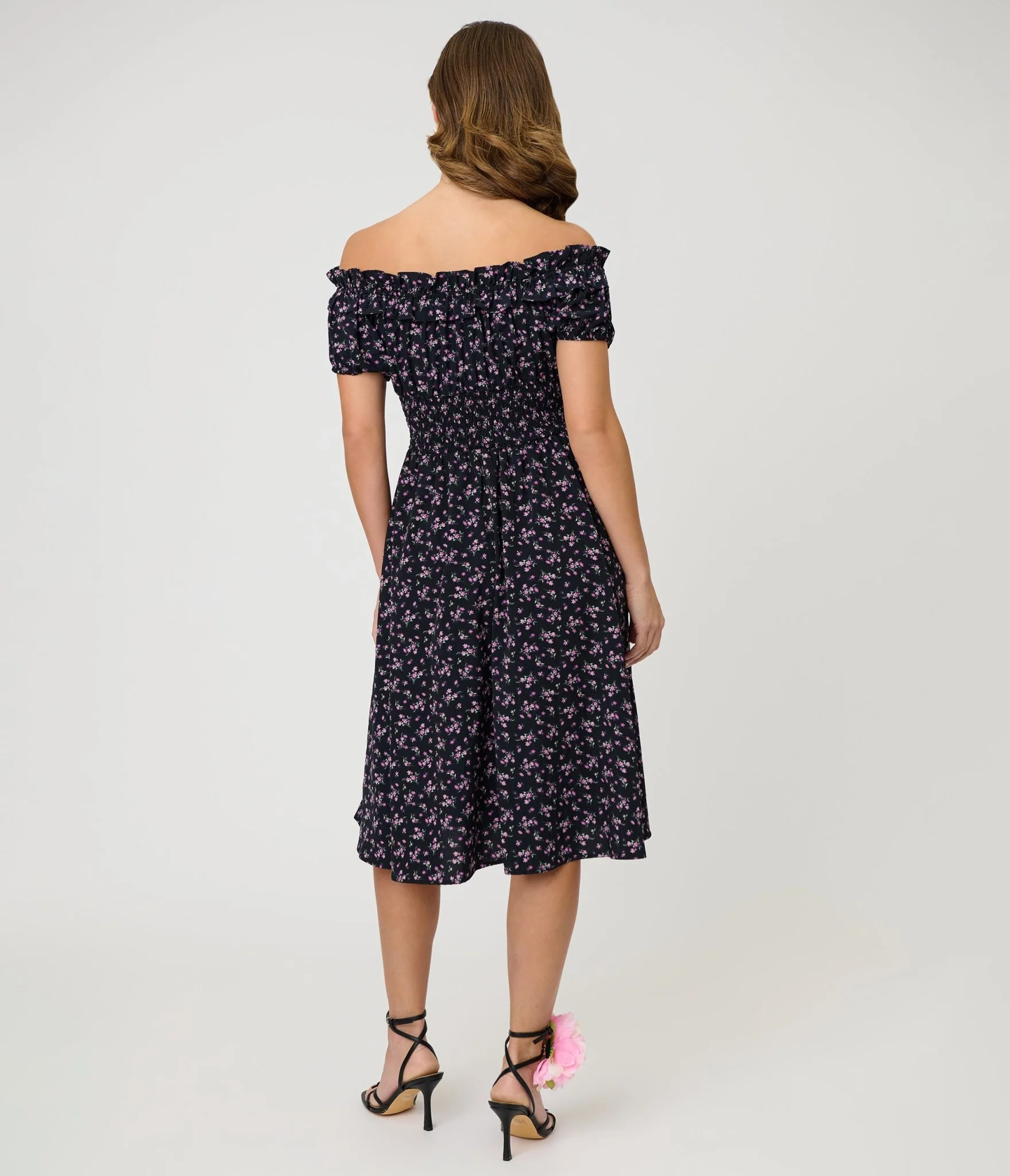 Unique Vintage Purple Ditzy Off The Shoulder Ruffle Swing Dress