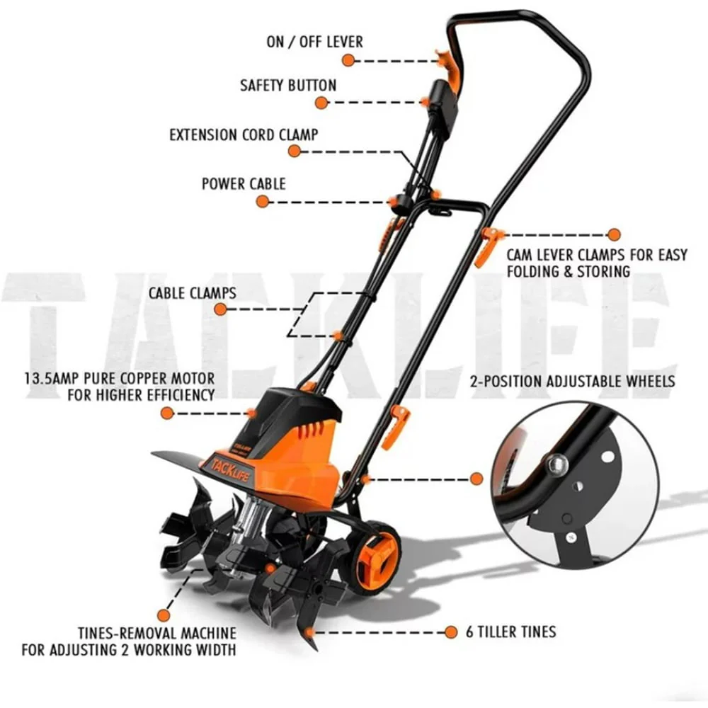 18'' Electric Tiller, Working Width(18''/12 5''), 8'' Tilling Depth with Foldable Handle,Removable Blade and Adjustable Wheels Image 9