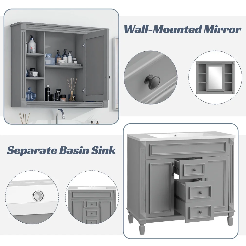 36'' Bathroom Vanity Set, Undermount Bathroom Cabinet and Mirror Cabinet, Ceramic Sink Top, Storage Cabinet with 2 Soft Closing Doors and 2 Drawers, Vanity Cabinet Set, Suit for 4'' Faucet, Gray(Mirror Cabinet+Vanity Table/Grey) - Image 5