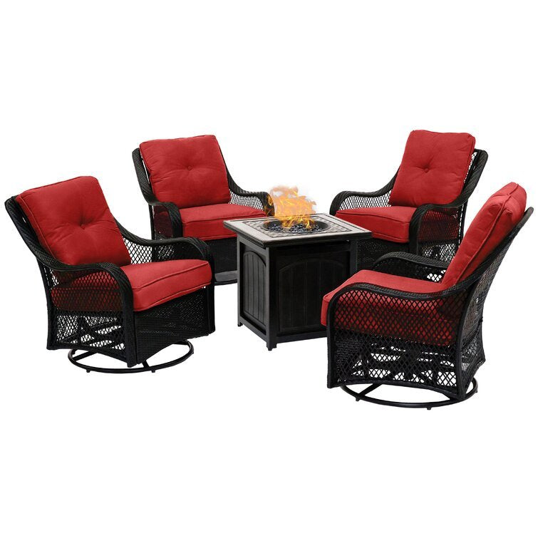 💥Liquidation🔥Ensemble de conversation 5 pièces en acier avec foyer extérieur, coussins bleu marine, fauteuils pivotants et table de foyer carrée