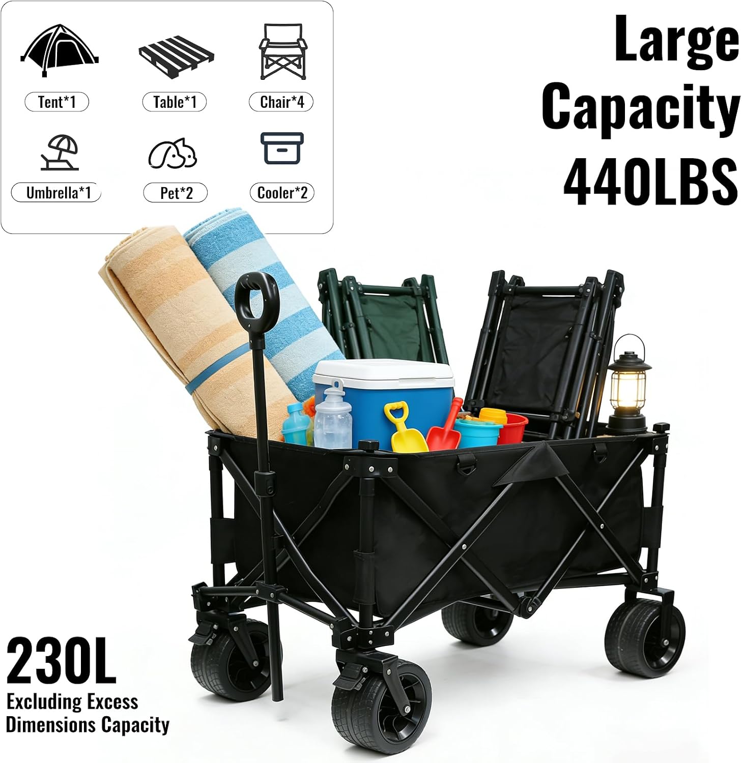 Collapsible Foldable Wagon Cart with Big Wheels and Tabletop, Large Capacity 440Lbs Folding Utility Wagon Carts for Sand, Beach, Camping, Shopping, Sports (Gray)