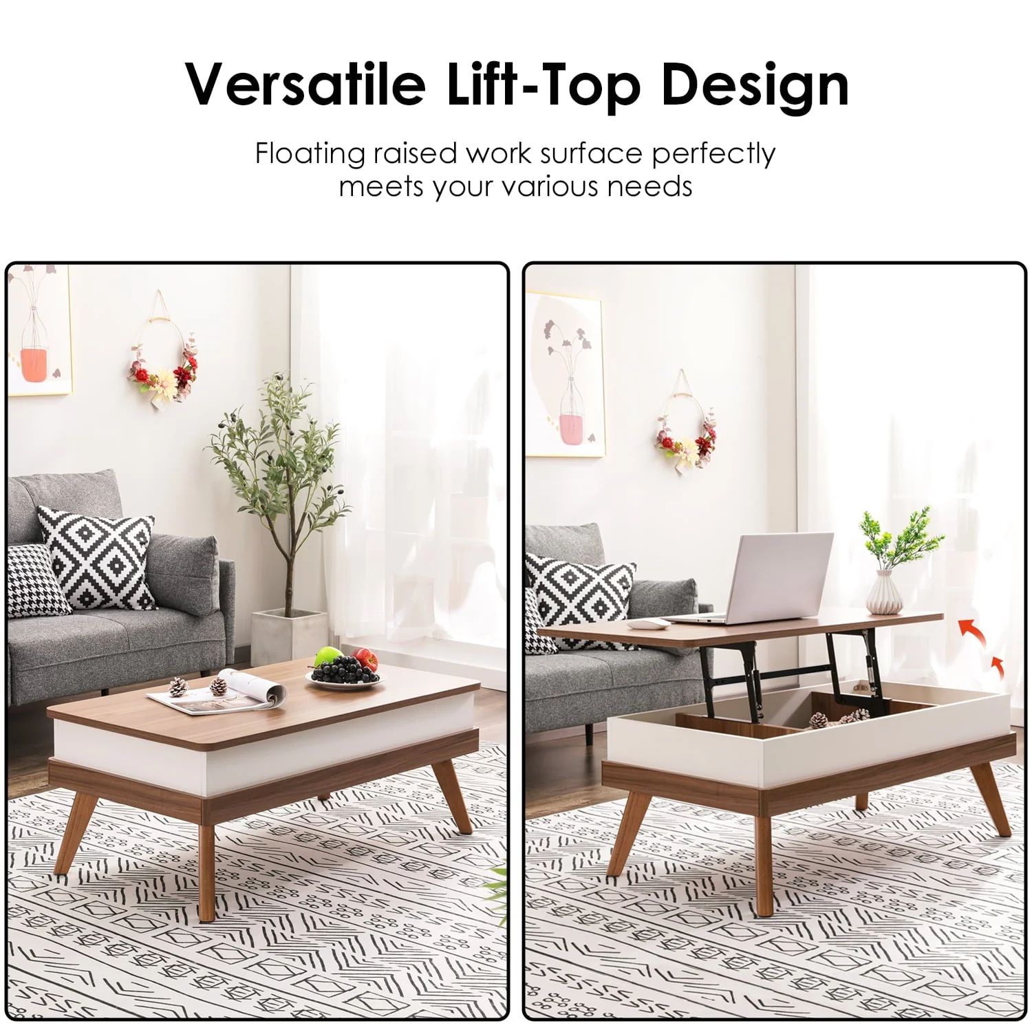 Bidiso Lift Top Coffee Table, Easy to Assembly Center Table with Hidden Storage Compartment, Modern Lift Tabletop Dining Table for Living Room Reception/Home Office, Grey Walnut(Brown) Image 5
