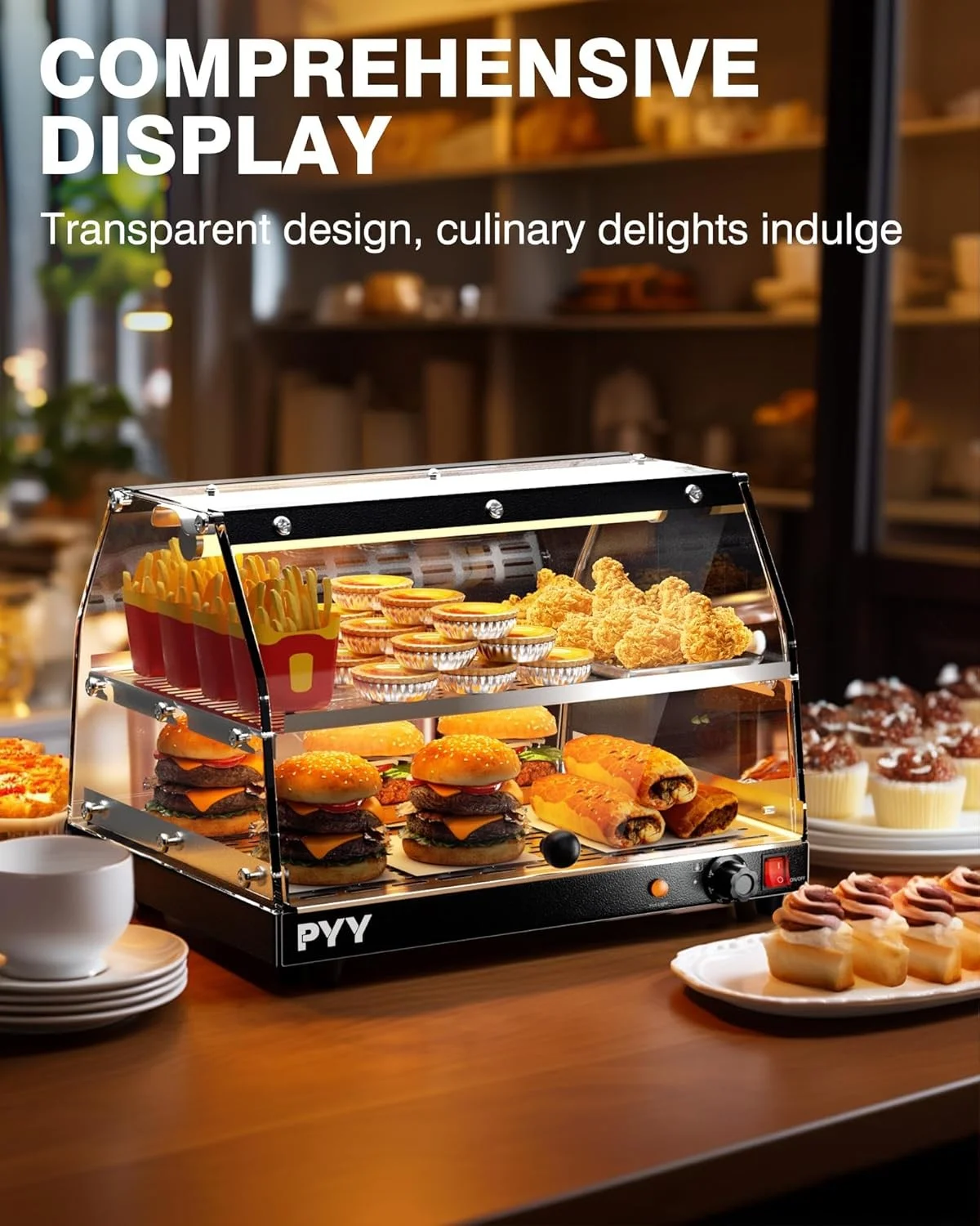 Commercial Food Warmer Display, 2 - Tier Electric Countertop Food Warmer with LED Lighting Adjustable Glass Door, Pastry Display Case for Buffet Restaurant Black