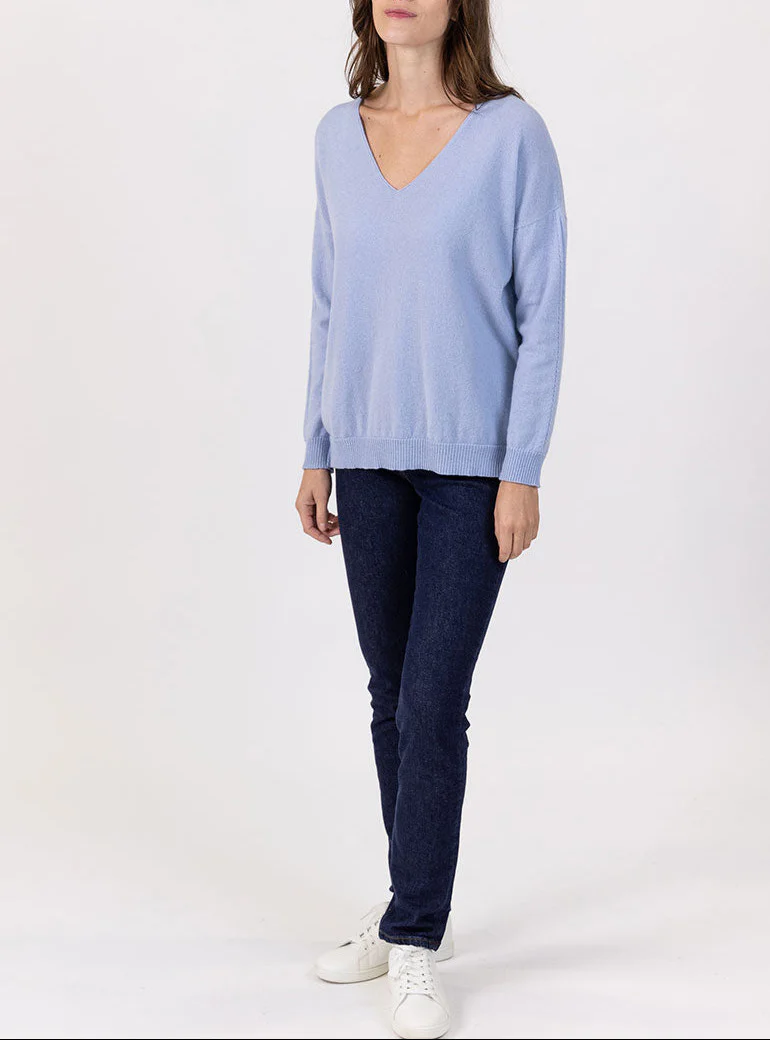 Pull femme col V laine et cachemire bleu