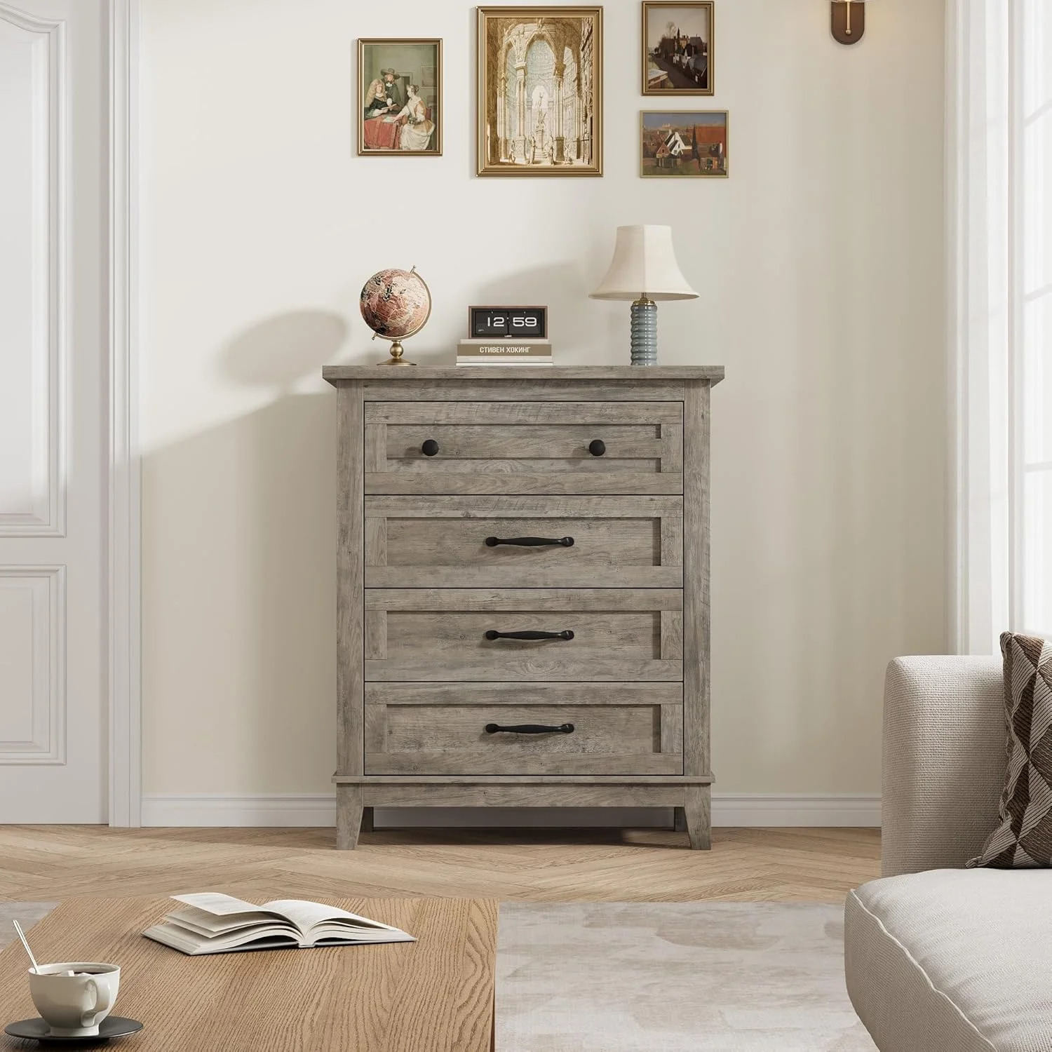 4 Drawer Dresser for Bedroom,34.8" Tall Bedroom Dresser with Large Drawer Black Handles,Wooden Storage Organizer Cabinet Chest of Drawer for Living Room,Hallway(Retro Gray) - Image 4