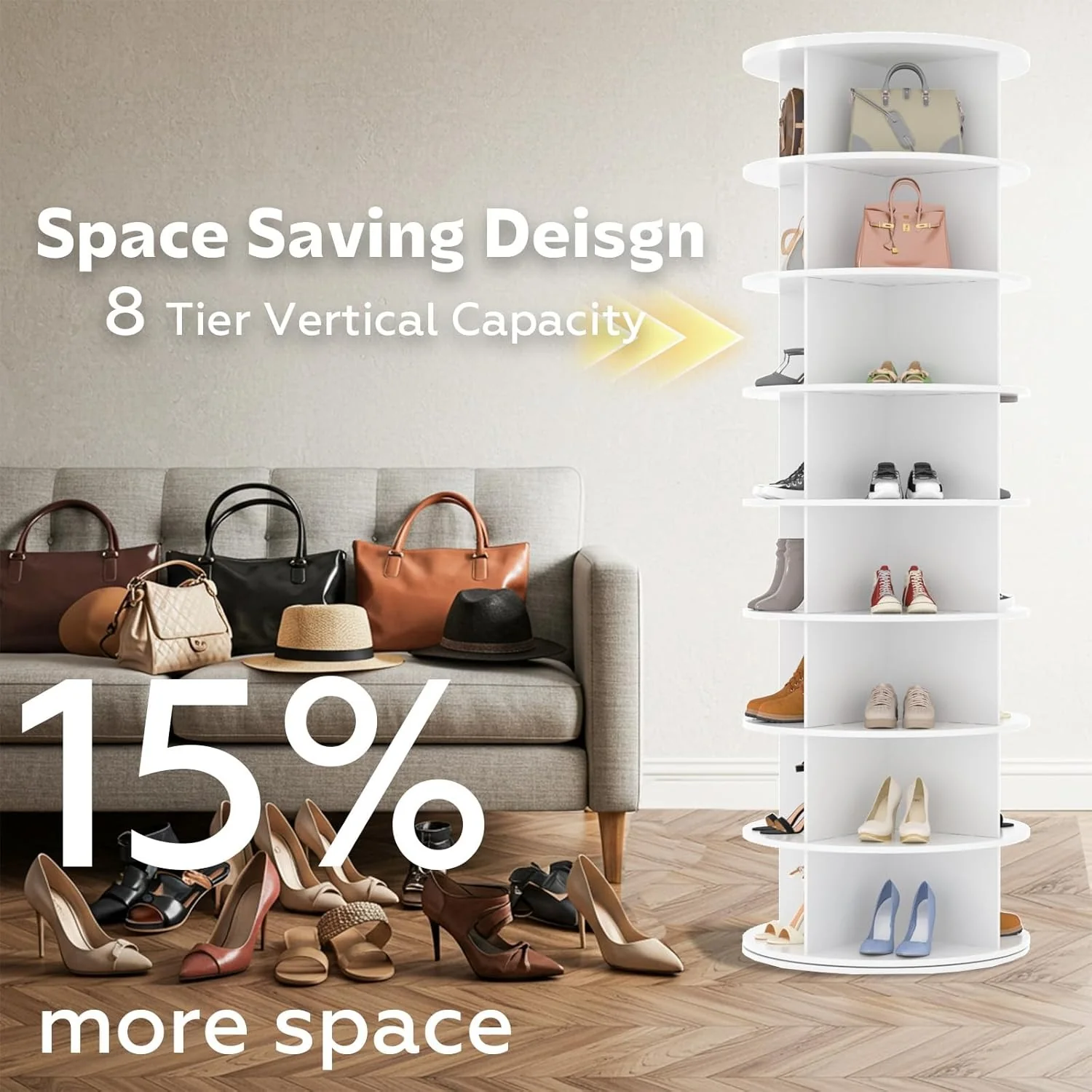 AECOJOY 8 Tier Rotating Shoe Rack Tower, Spinning Shoe Display Lazy Susan, Fits 32 Pairs of Shoes, White