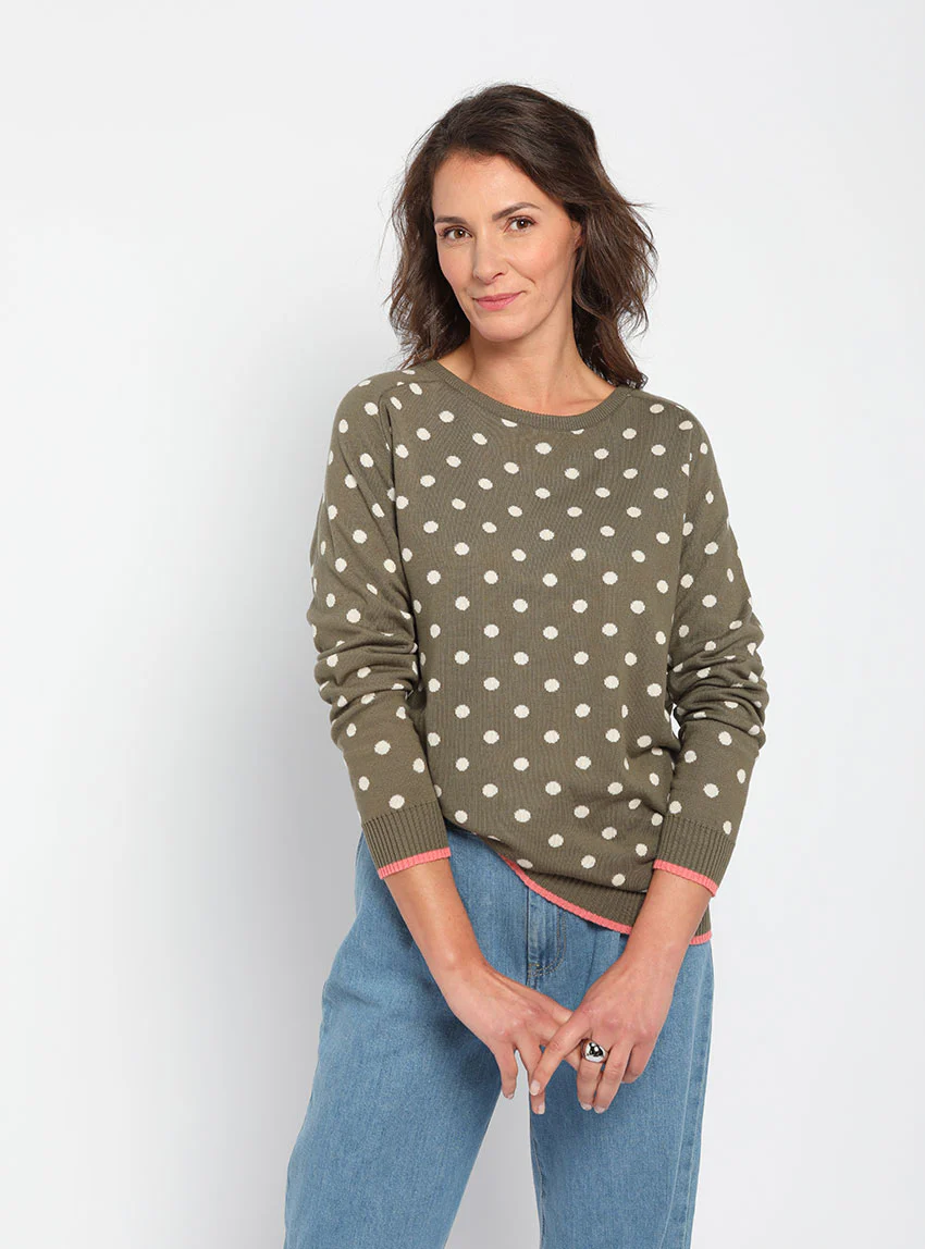 Pull femme à pois en coton vert kaki