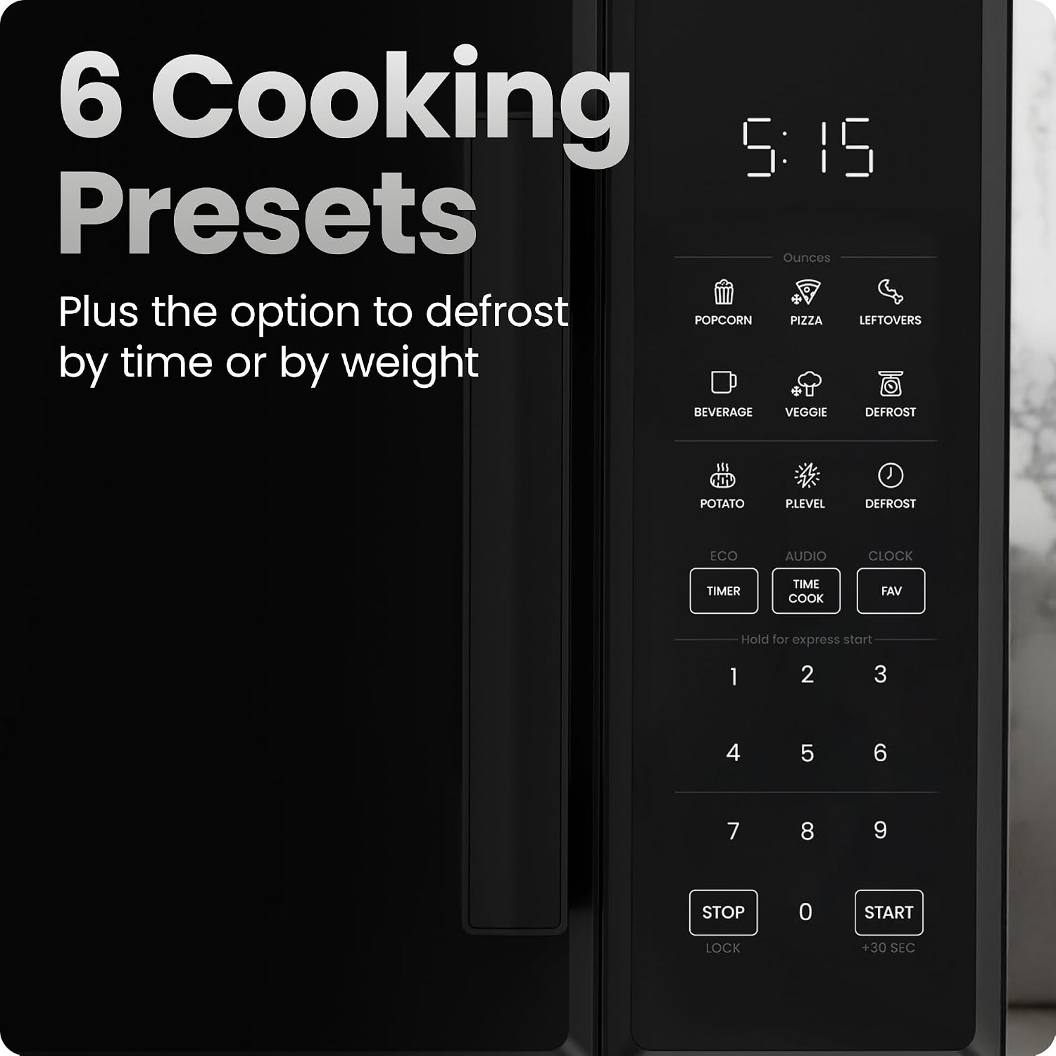 Chefman Countertop Microwave Oven 0.9 Cu 900 Watts with 10 Power Levels, 6 Cooking Presets with One-Touch Express Cook, Eco Mode, Child Safety Lock, & Mute Button - Black