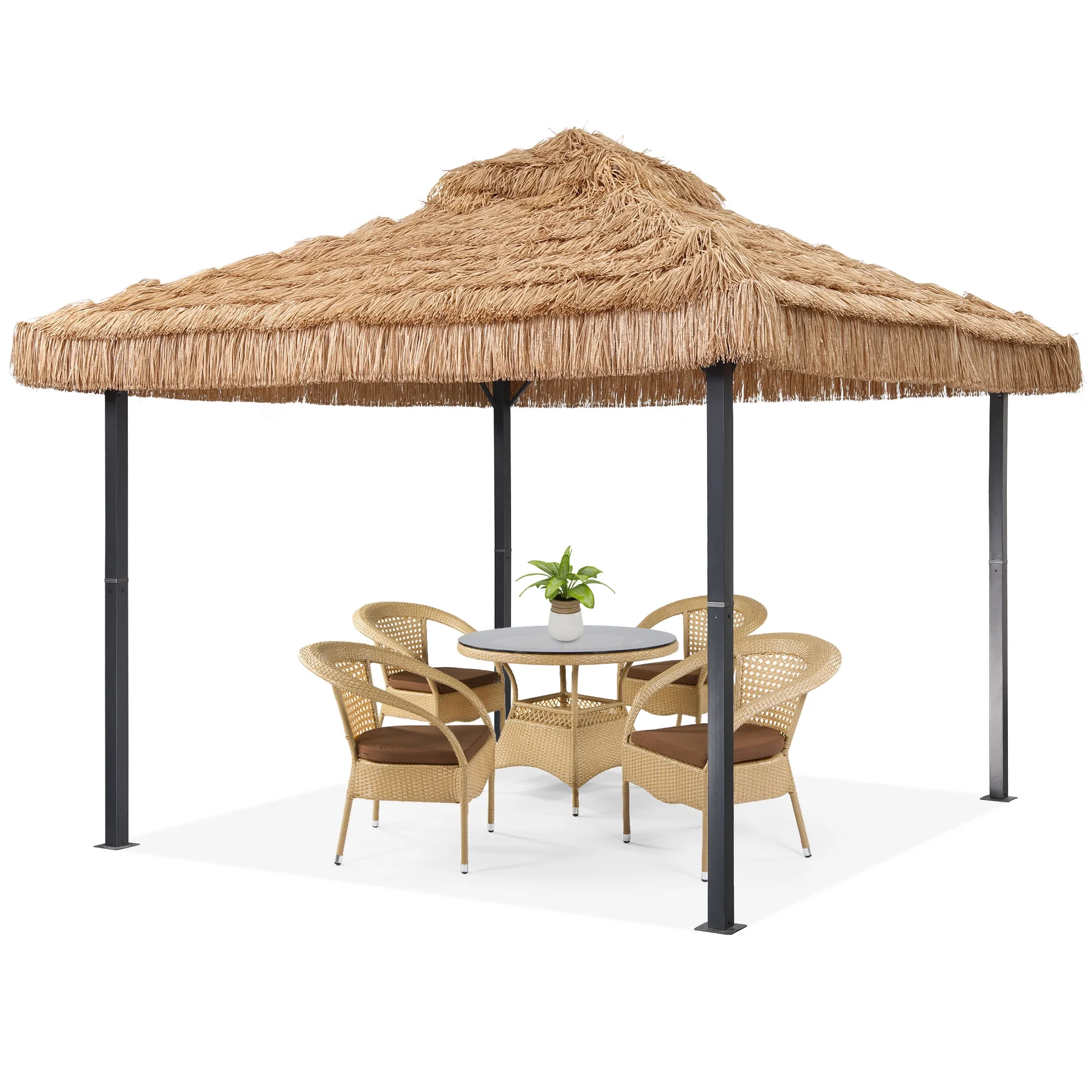 Ainfox 10x10 Thatched Tiki Pavilion Gazebo, Patio Gazebo with Straw Thatch Roofing, Hawaiian Style Steel Frame