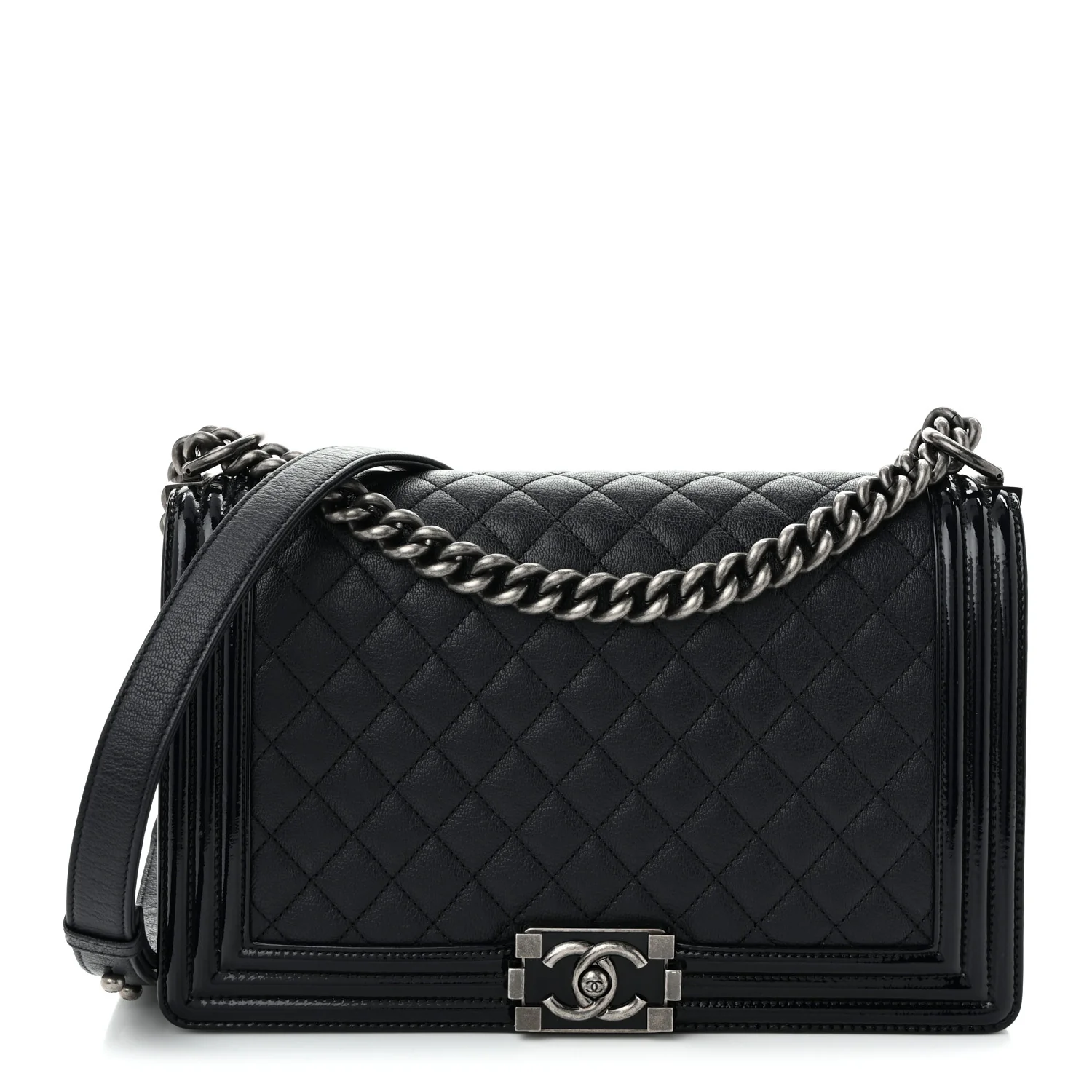 Goatskin Quilted Patent New Medium Duo Boy Flap Black