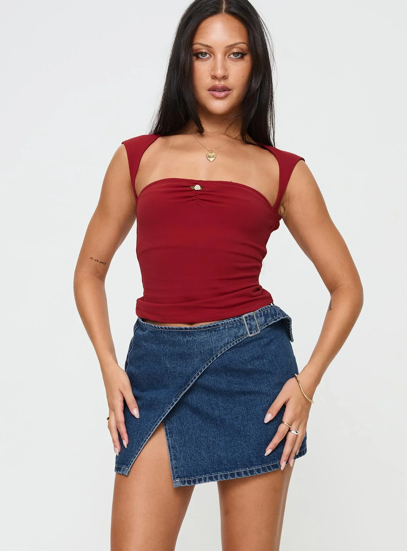 Wait Up Denim Wrap Mini Skirt Mid Wash