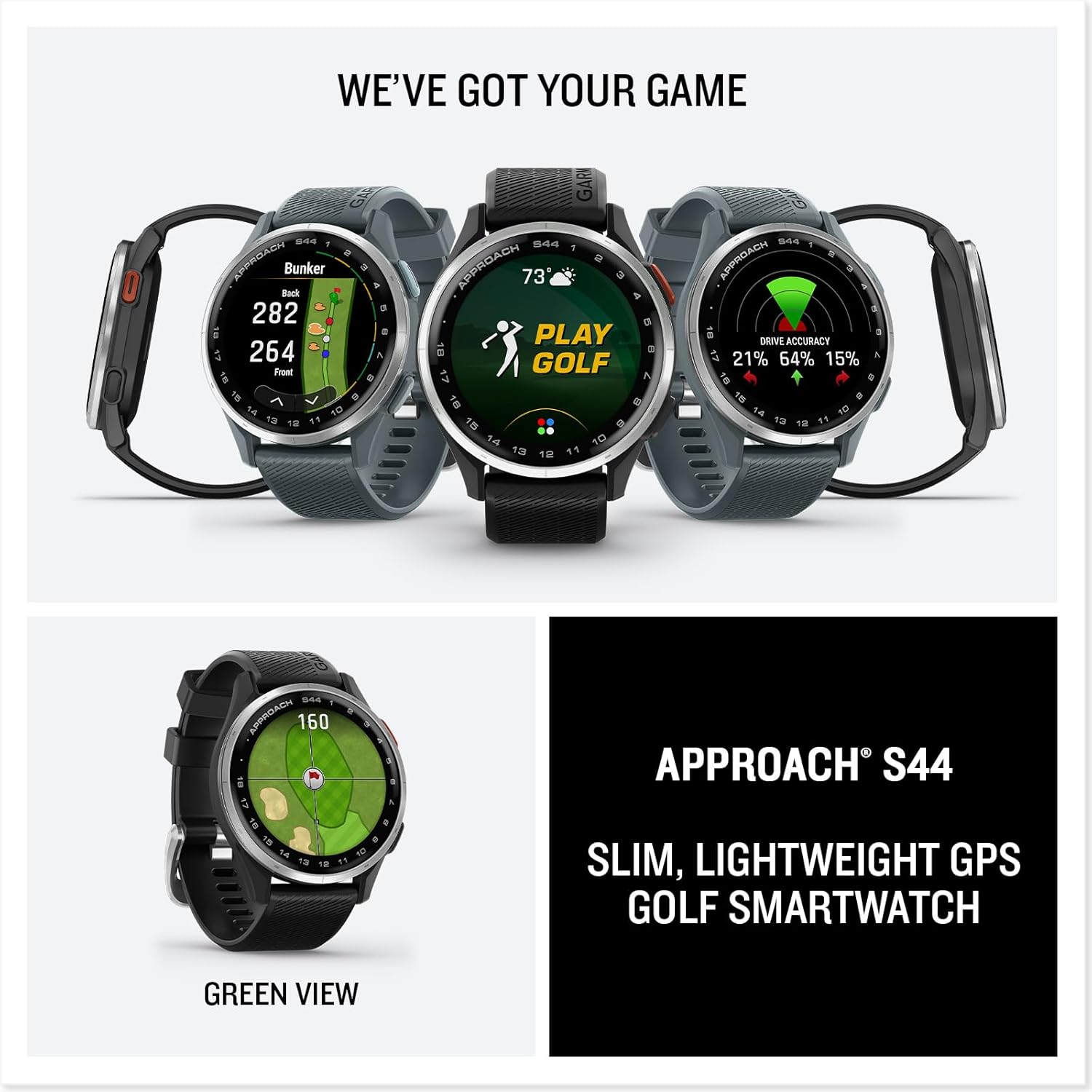 Garmin Approach® S44  Essential Golf GPS Smartwatch  AMOLED Display  On-Course Features  Silver Aluminum Bezel with Black Silicone Band