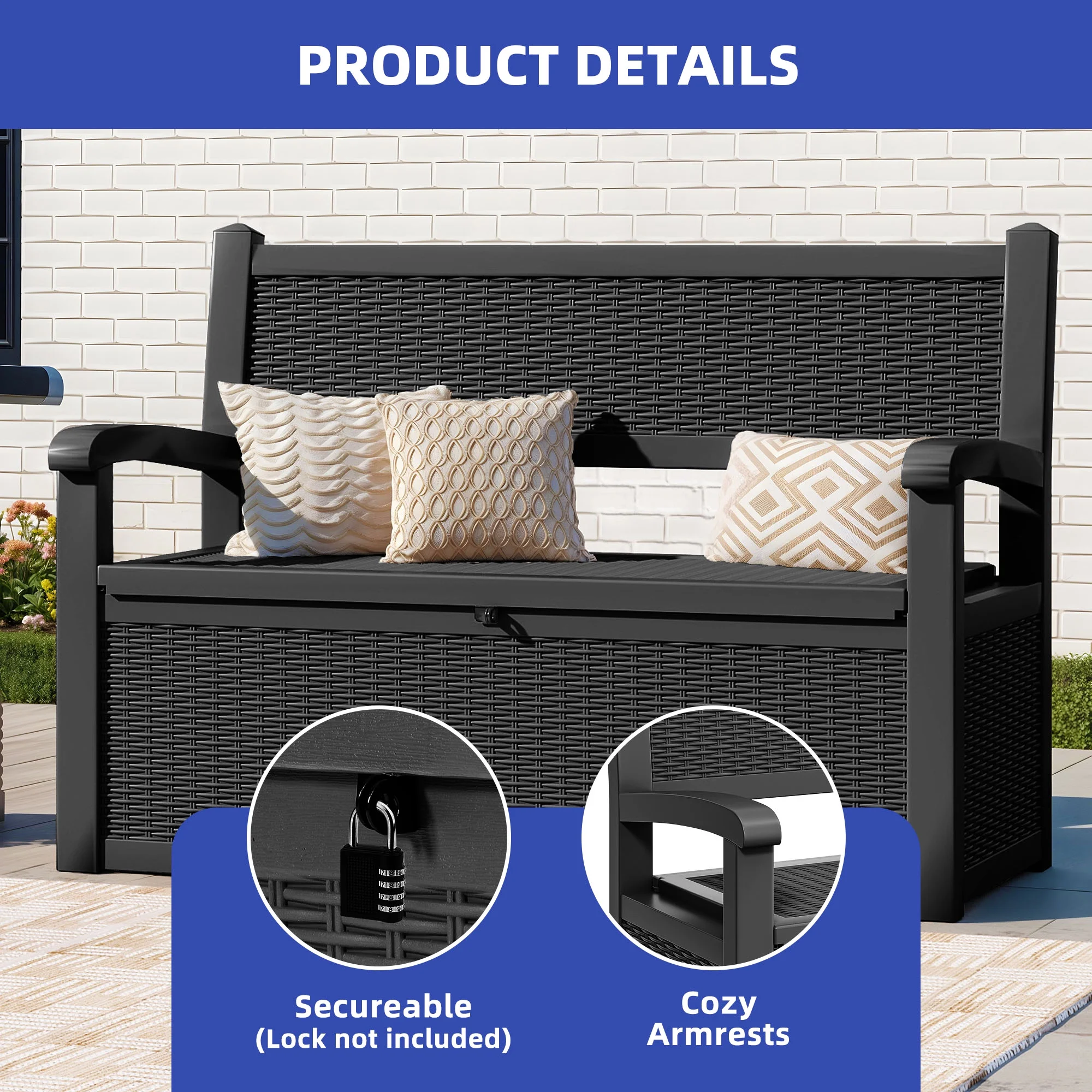 70-Gallon Outdoor Resin Storage Cabinet with Rattan Backrest �C Waterproof Patio Bench Seat, 500 lbs Capacity, Black - Image 8