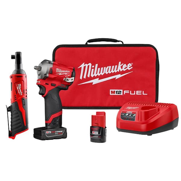 M12 FUEL 12V Lithium-Ion Brushless Cordless Stubby 3/8 in. Impact Wrench Kit with M12 3/8 in. Ratchet-Instock