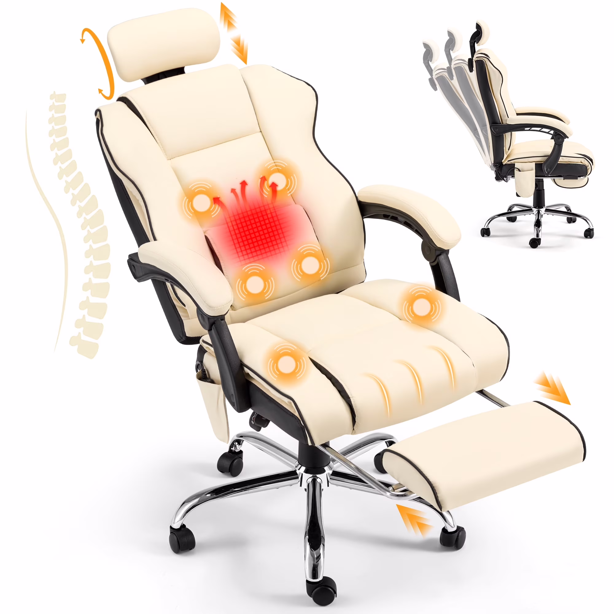 HOMREST 6 - Point Massage Office Chair with Footrest, Heated Executive Office Chair with Reclining Backrest, Ergonomic Gaming Chair with Padded Armrest, Off - White