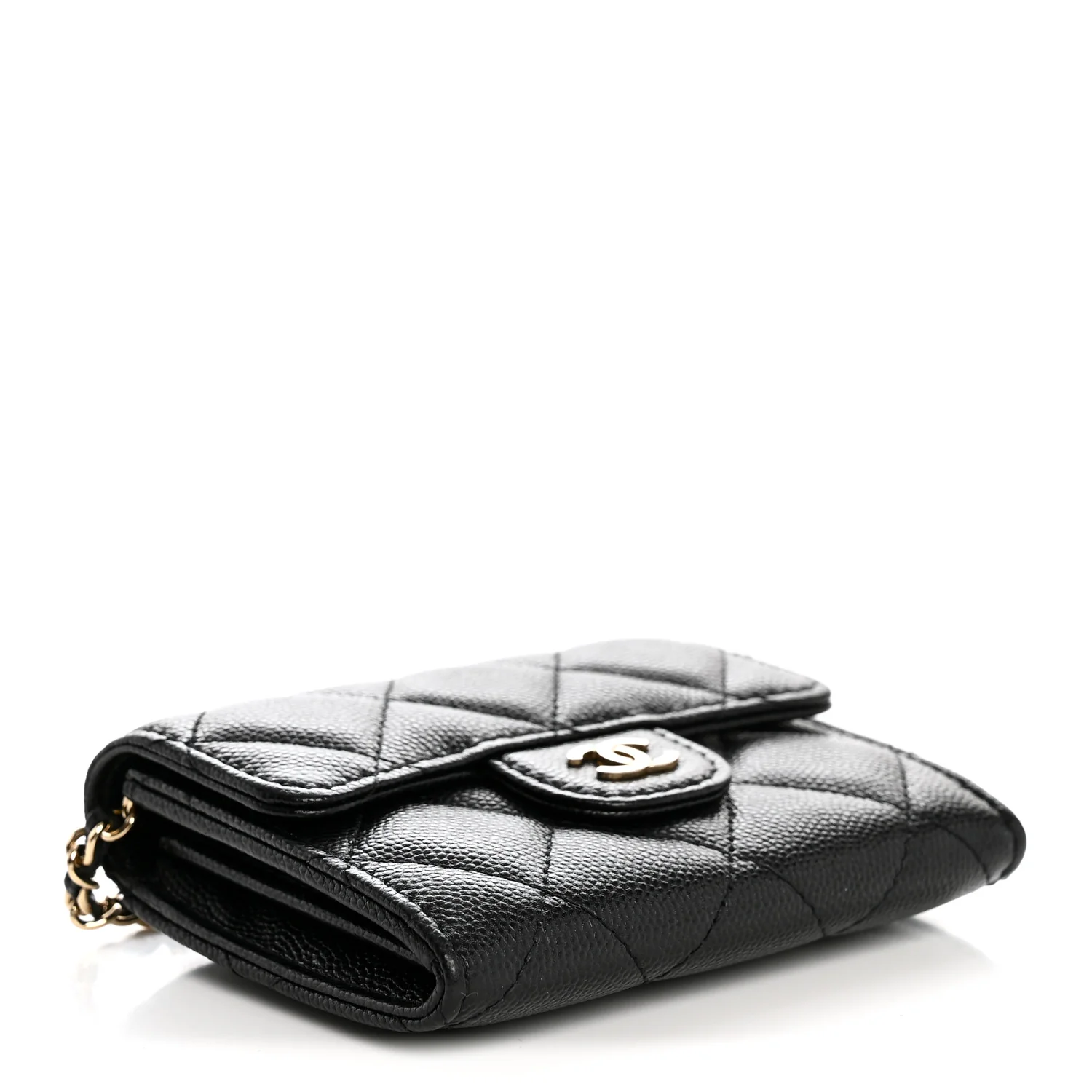 Caviar Quilted Flap Card Holder On Chain Black