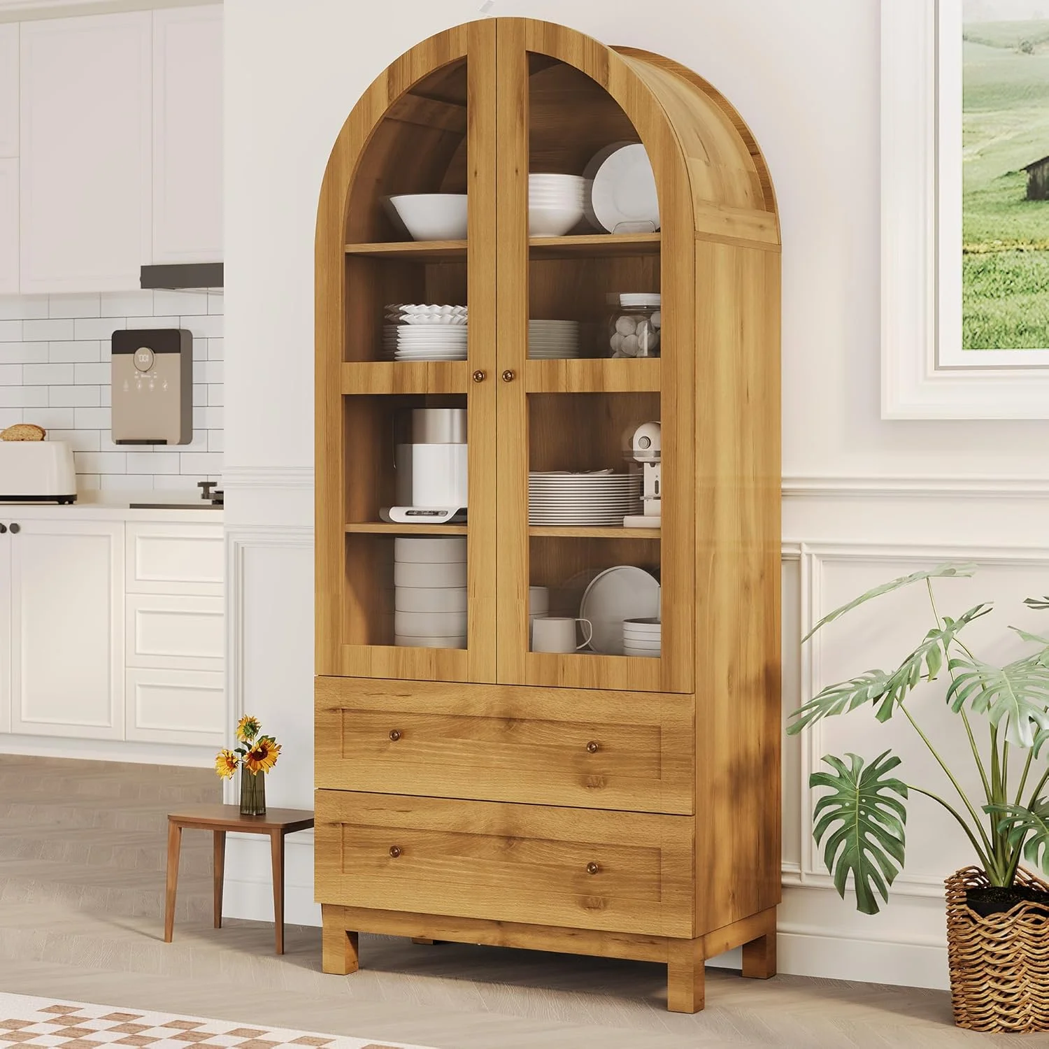 71" Tall Arched Bookshelf, Modern Bookcase with 2 Drawers, Glass Door and Adjustable Shelf, Wooden Display Cabinet, Versatile Bookshelf Kitchen Storage Pantry for Living Room, Bedroom- Natural(Oak) - Image 2