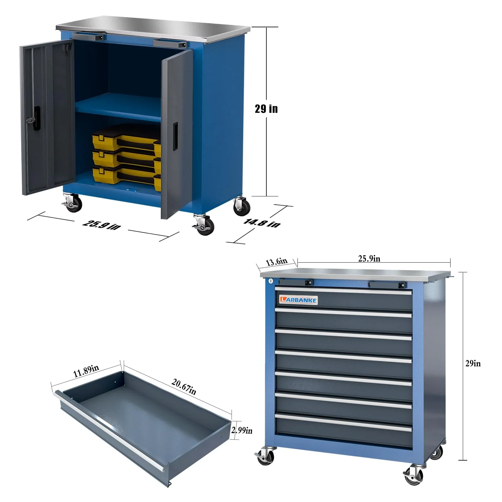 Rolling Tool Chest 5-Drawer Tool Cabinet with Stainless Steel Top Key Lock Heavy-Duty