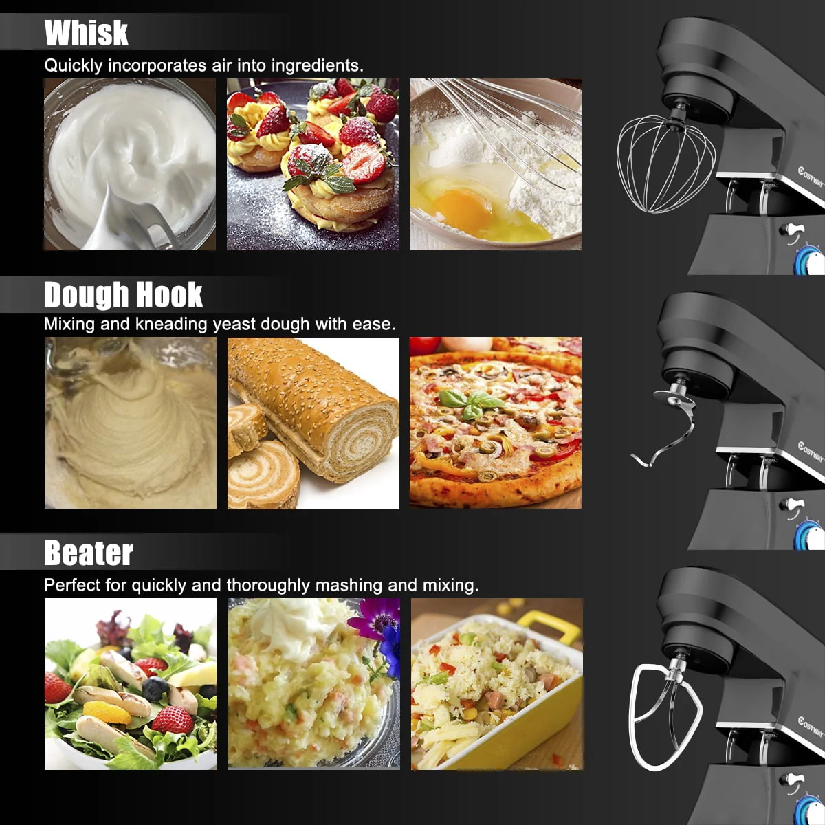 Costway Tilt - Head Stand Mixer 7.5 Qt 6 Speed 660W with Dough Hook, Whisk & Beater Black