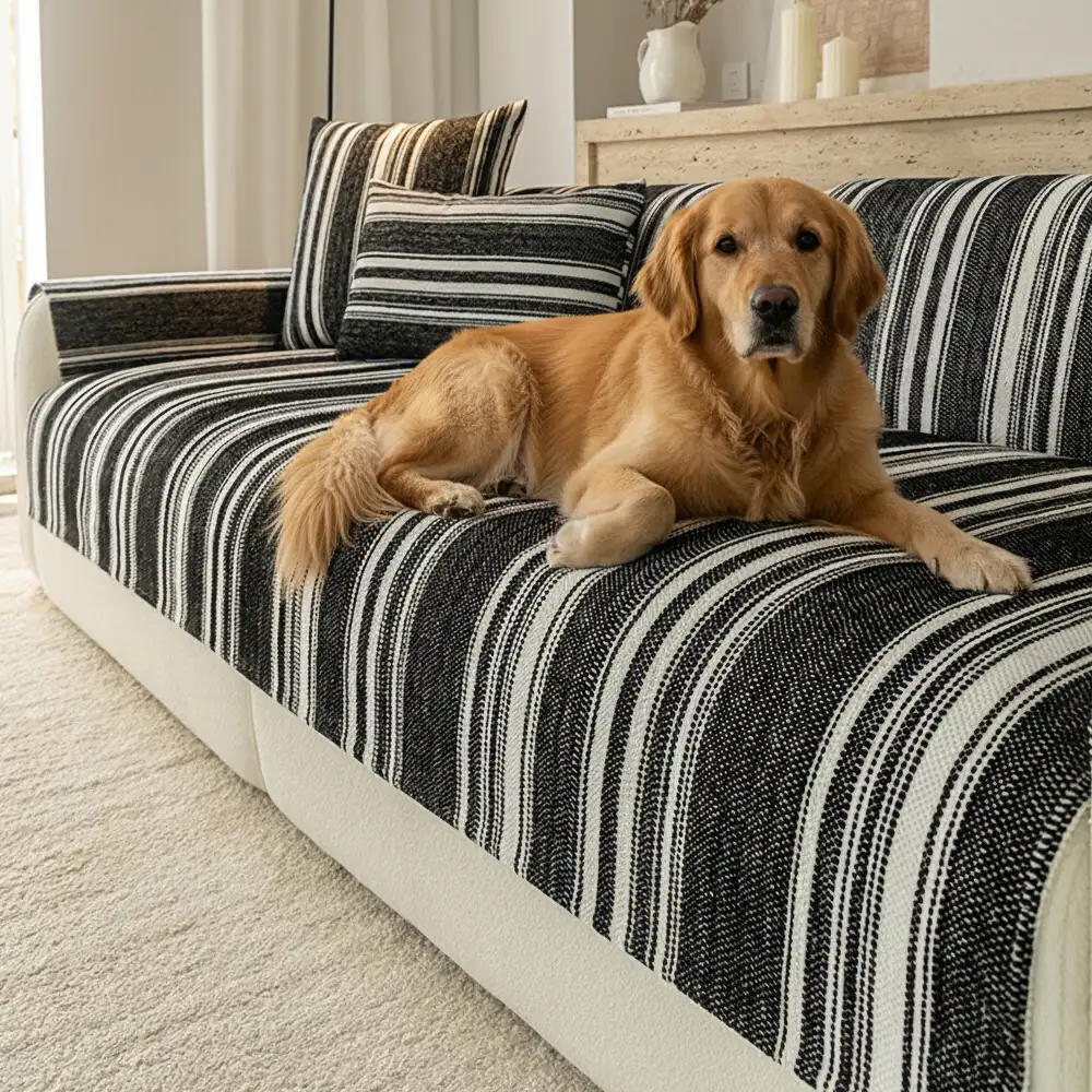 Natural Stripe Chenille Thickend Sofa Protection Washable Non-Slip Couch Cover