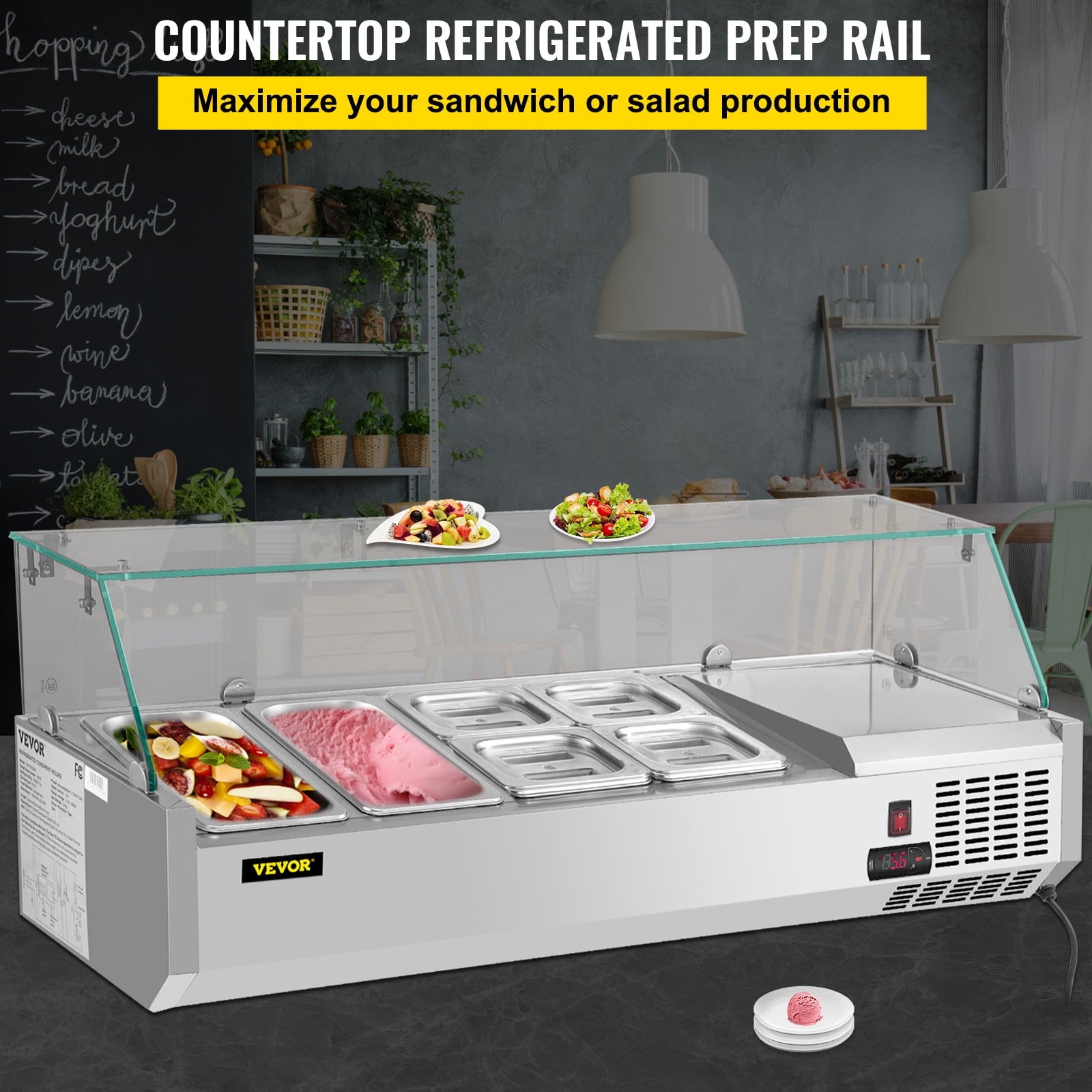 Refrigerated Condiment Prep Station. 48-inch. 10.8Qt Sandwich / Salad Prep Table w/ 3 1/3 Pans & 4 1/6 Pans. 146W Salad Bar w/ 304 Stainless Body Tempered Glass Shield Digital Panel Auto Defrost