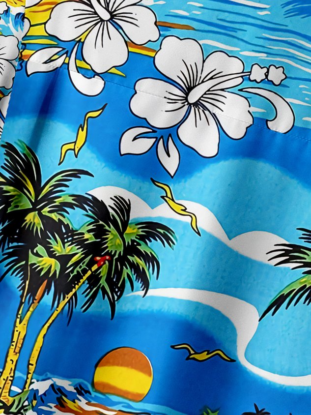 Chemise hawaïenne à manches courtes avec poche poitrine et motif flamant rose buvant de la bière
