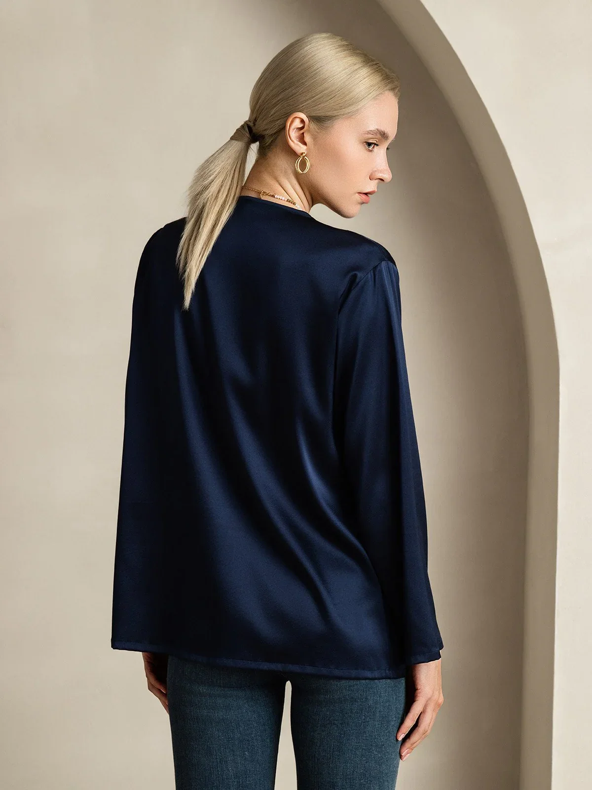 19Momme Silk Long Sleeve V-Neck Blouse