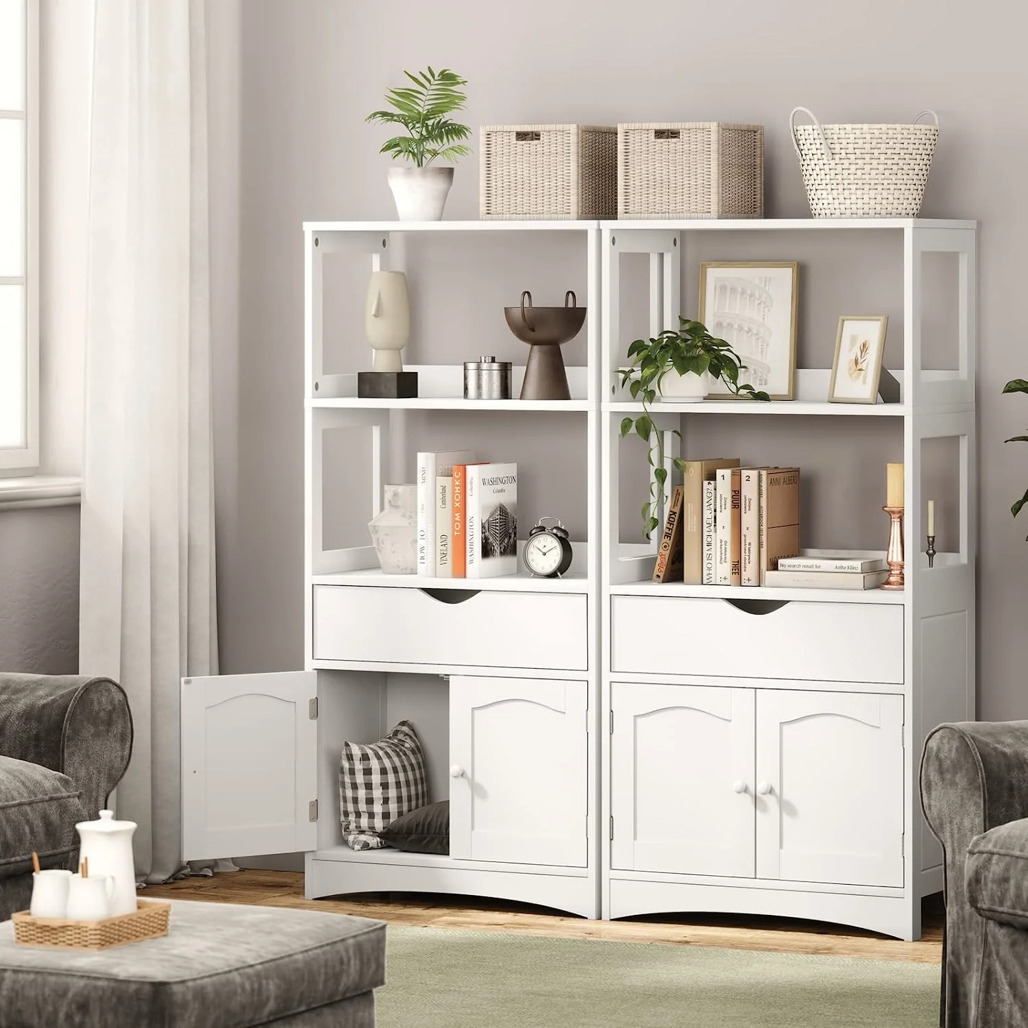 Sideboard Storage Cabinet with DrawerShelves, Kitchen Pantry Storage Cabinet with Microwave SpaceCupboard, Modern Freestanding Floor Bathroom Cabinet/Bookshelf for Home Office, White(WhiteDrawer) - Image 7