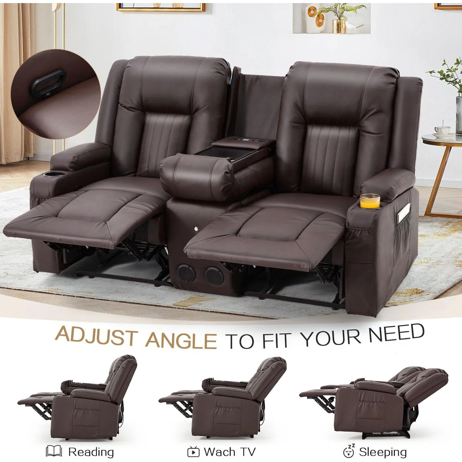 AECOJOY Recliner Loveseat with Console&Bluetooth Speakers, Manual RV Reclining Sofa, Brown