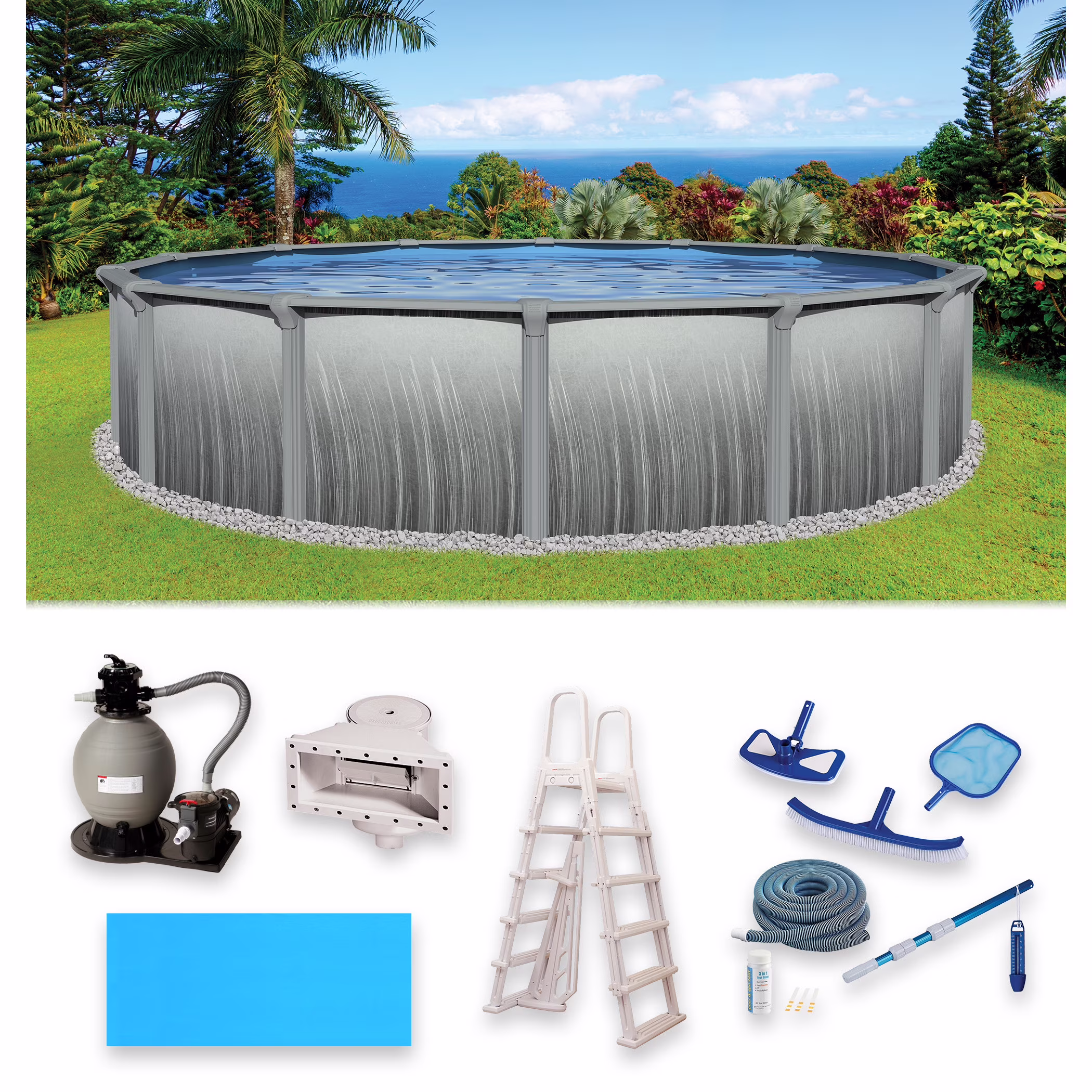 Martinique 15-ft Round 52-in Deep 7-in Top Rail Metal Wall Swimming Pool Package(15-ft)
