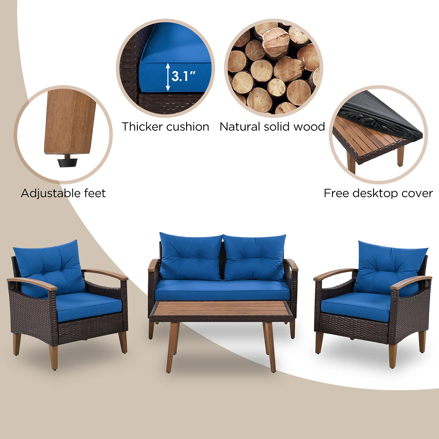 Topcobe Patio Seating Set with Cushions, 4-Piece Garden Furniture, Beige