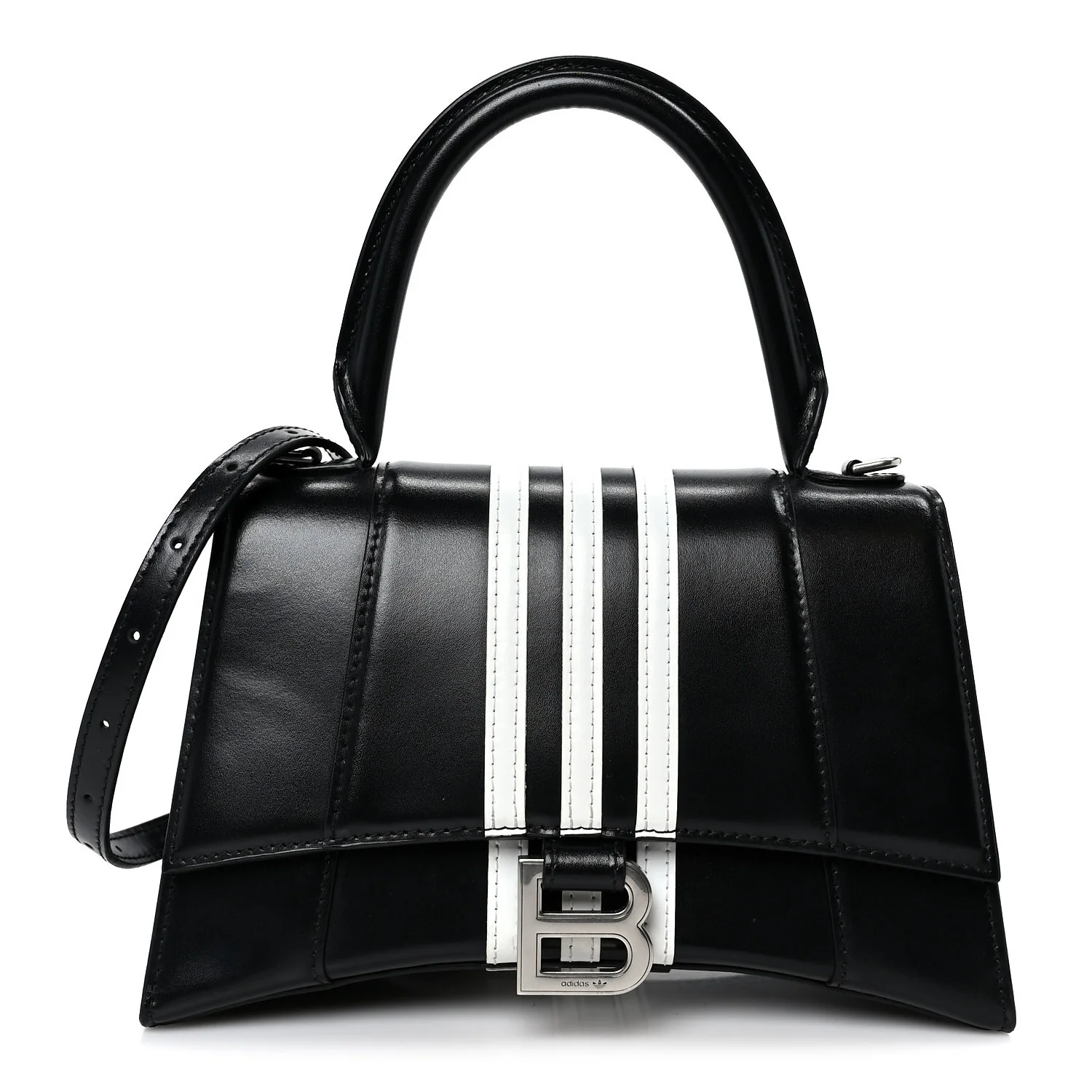 X ADIDAS Shiny Box Calfskin Small Hourglass Top Handle Bag Black White