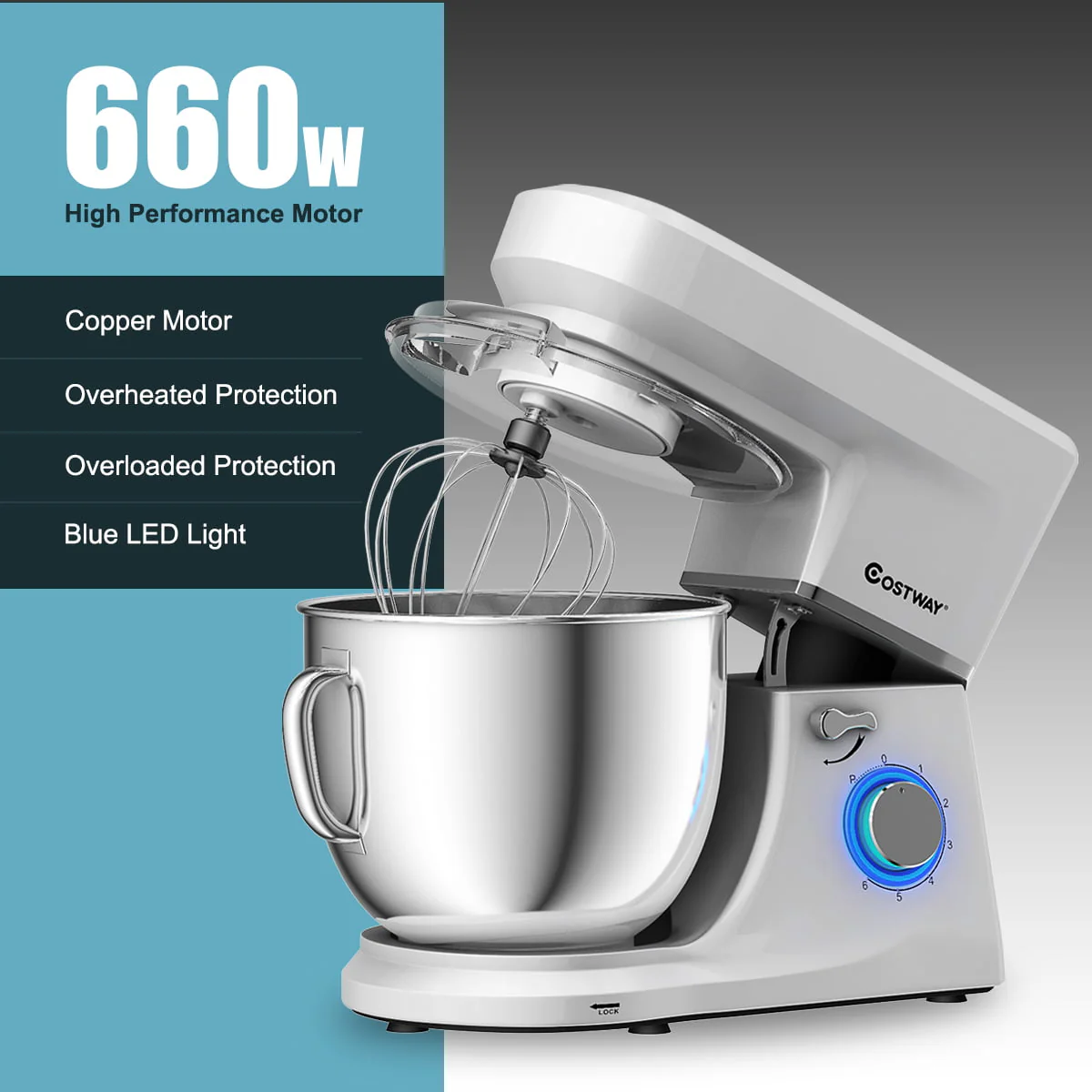 Costway Tilt - Head Stand Mixer 7.5 Qt 6 Speed 660W with Dough Hook, Whisk & Beater Silver
