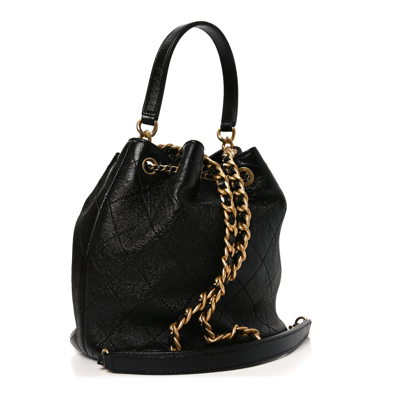 Shiny Lambskin Quilted Fashion Therapy Bucket Drawstring Bag Black