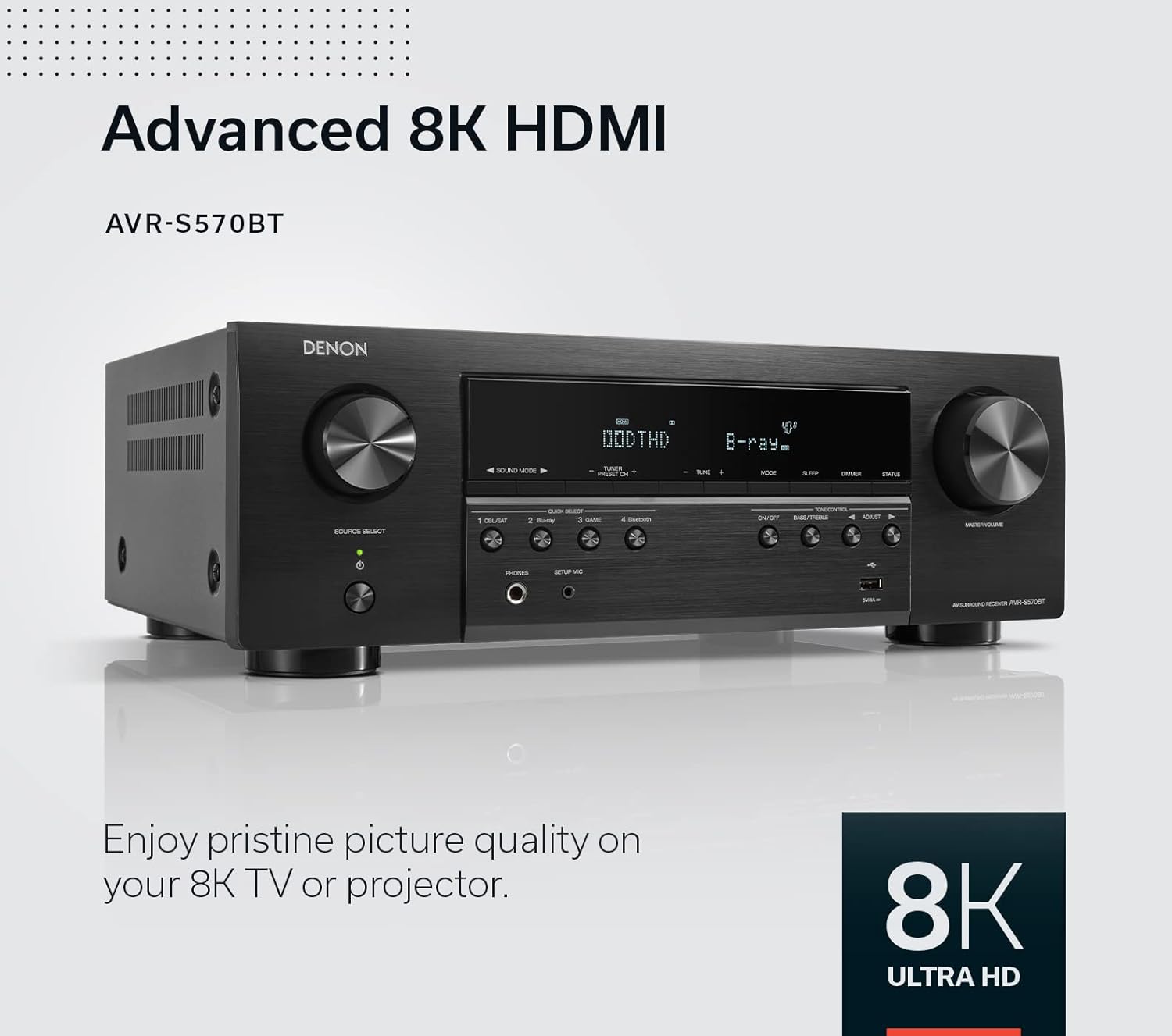 Denon AVR-S570BT AV Receiver 5.2 Channel 8K Ultra HD Audio & Video  Stereo Receivers  Denon AVR Wireless Streaming Bluetooth  (4) 8K HDMI Inputs  eARC  HD Setup Assistant