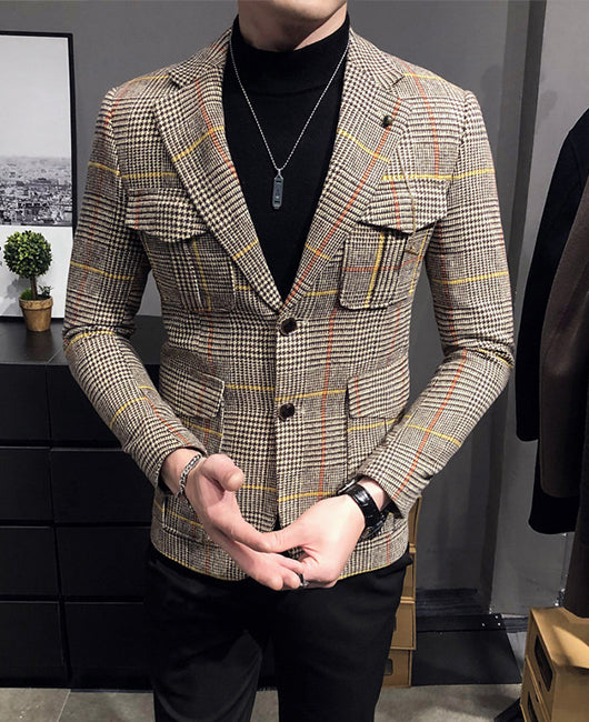 Blazer rétro à poche à rabat en tartan