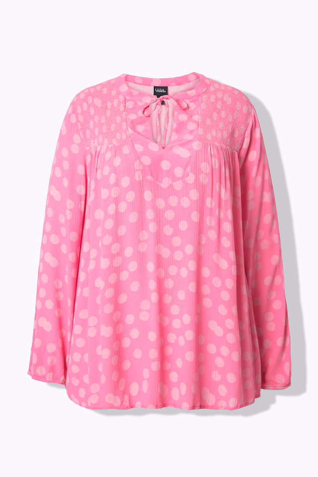 Smocked Long Sleeve Polka Dot Blouse