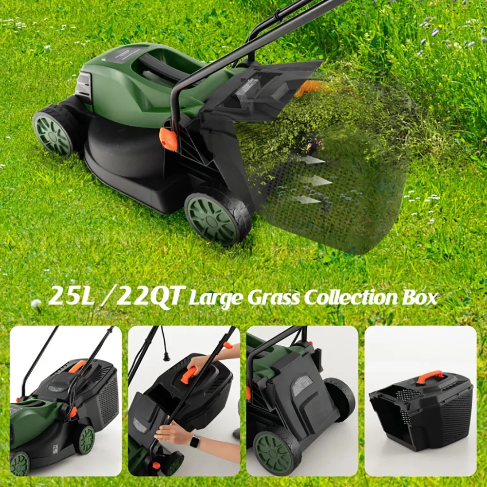 Topcobe 10 AMP 13 inch Electric Corded Lawn Mower with Collection Box, Adjustable Cutting Height, Corded Push Lawn Mowers for Garden Yard, Green
