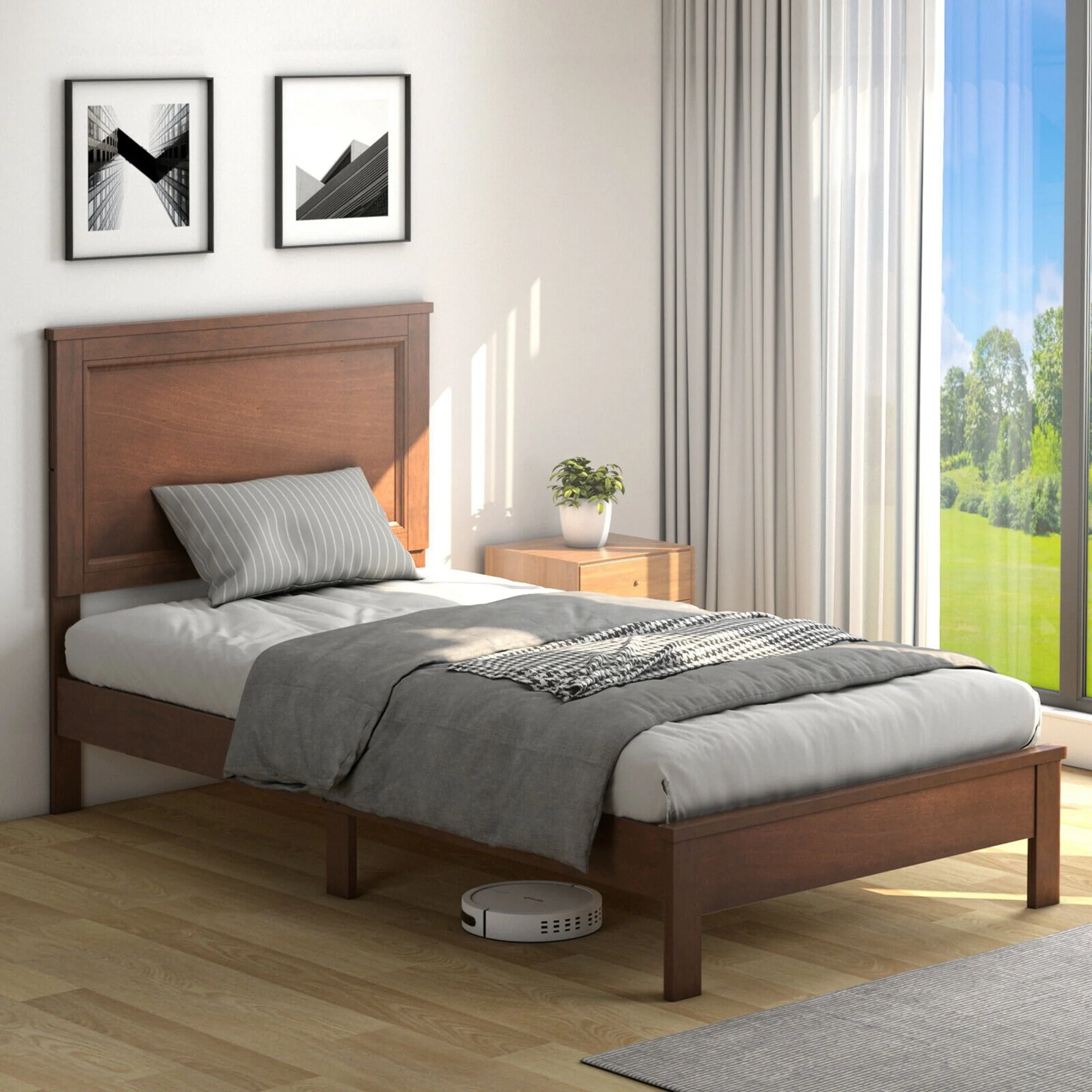Gymax Twin Size Bed Frame Platform Slat High Headboard Bedroom Rubber Wood Leg Walnut(Twin/Black)