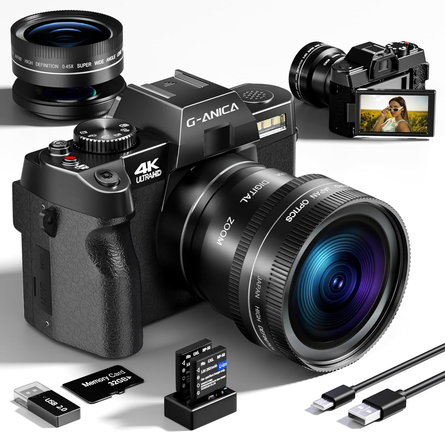 Digital Cameras for Photography with WiFi&App Control  Ture 4K&48MP Vlogging Camera for YouTube Compact 16X Zoom Autofocus  Anti-Shake for Entry-Level User  Beginners  Macro&Wide Lens-32GB Card(Black)