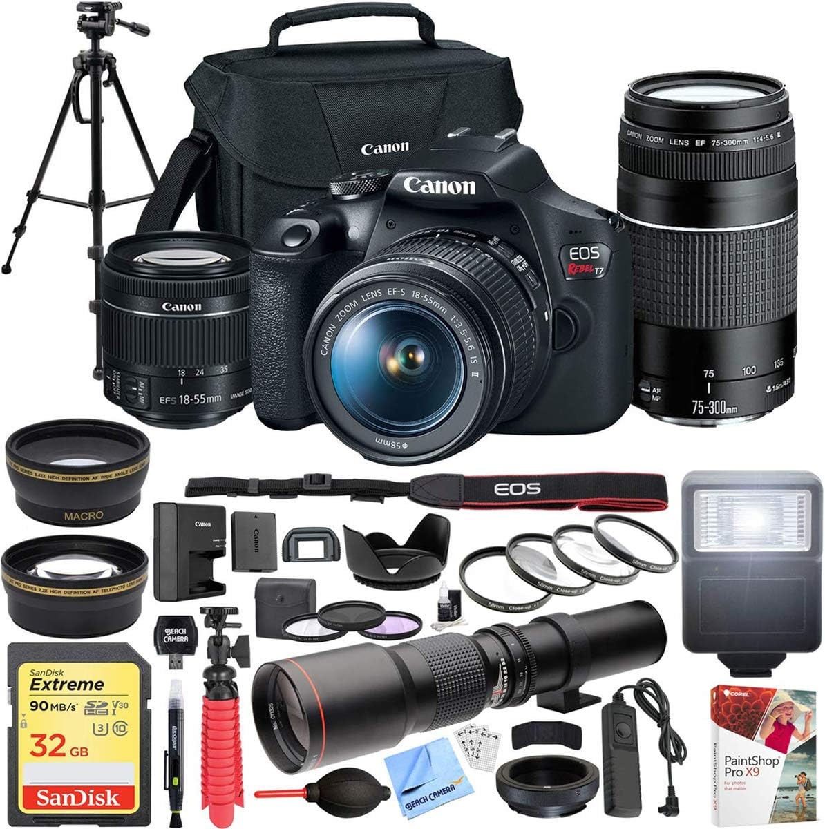 Canon EOS Rebel T7 DSLR Camera with EF 18-55mm with EF 75-300mm Double Zoom Kit Bundle with 500mm Preset Telephoto Lens  32GB Memory Card  Tripod  Paintshop Pro and Accessories (10 Items)