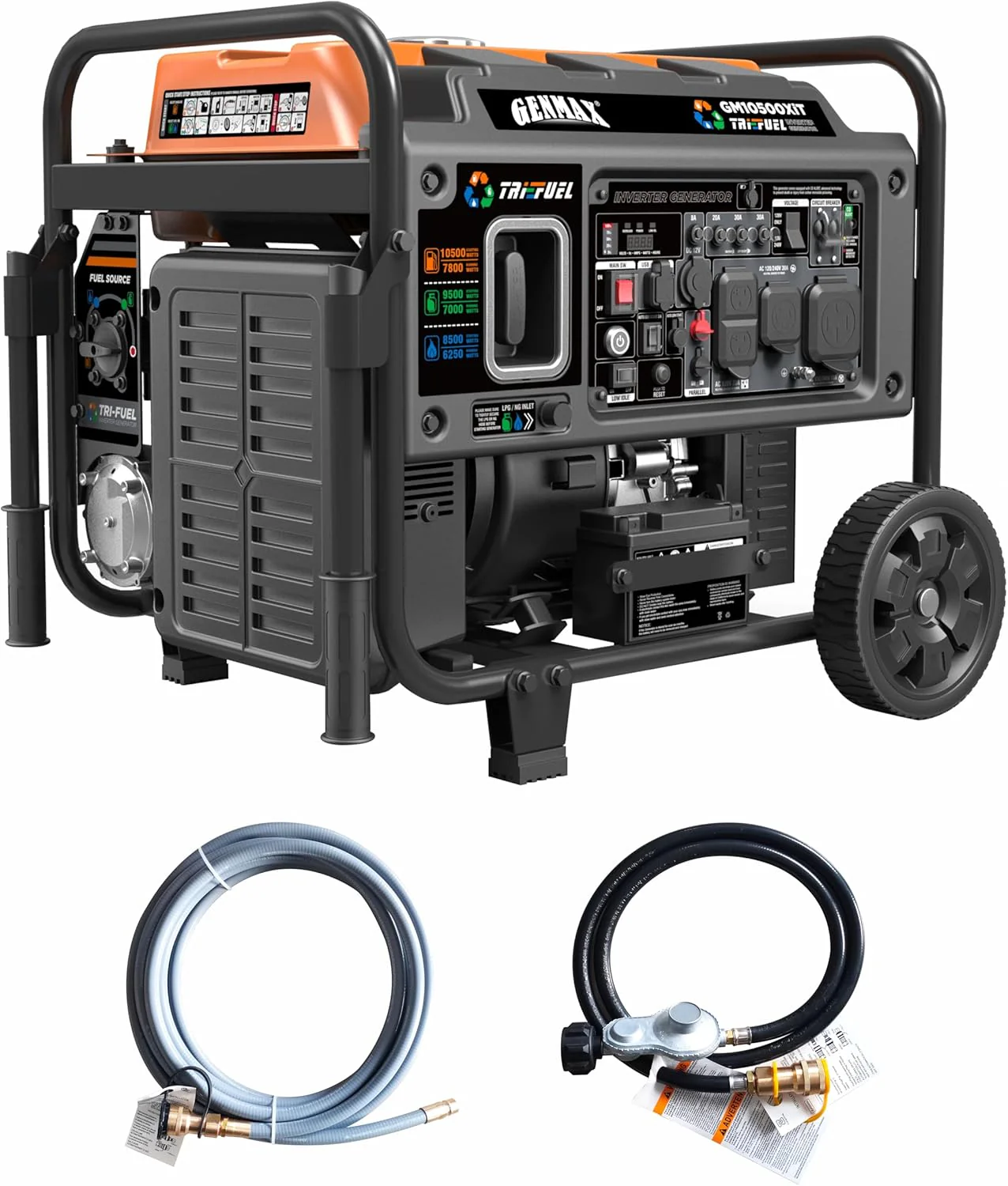 Générateur onduleur à cadre ouvert tri-carburant de 10 500 watts en crête, avec ATS, technologie silencieuse, capteur de CO, affichage numérique et 50 A, idéal pour l'alimentation de secours à domicile, les chantiers de construction et le camping en