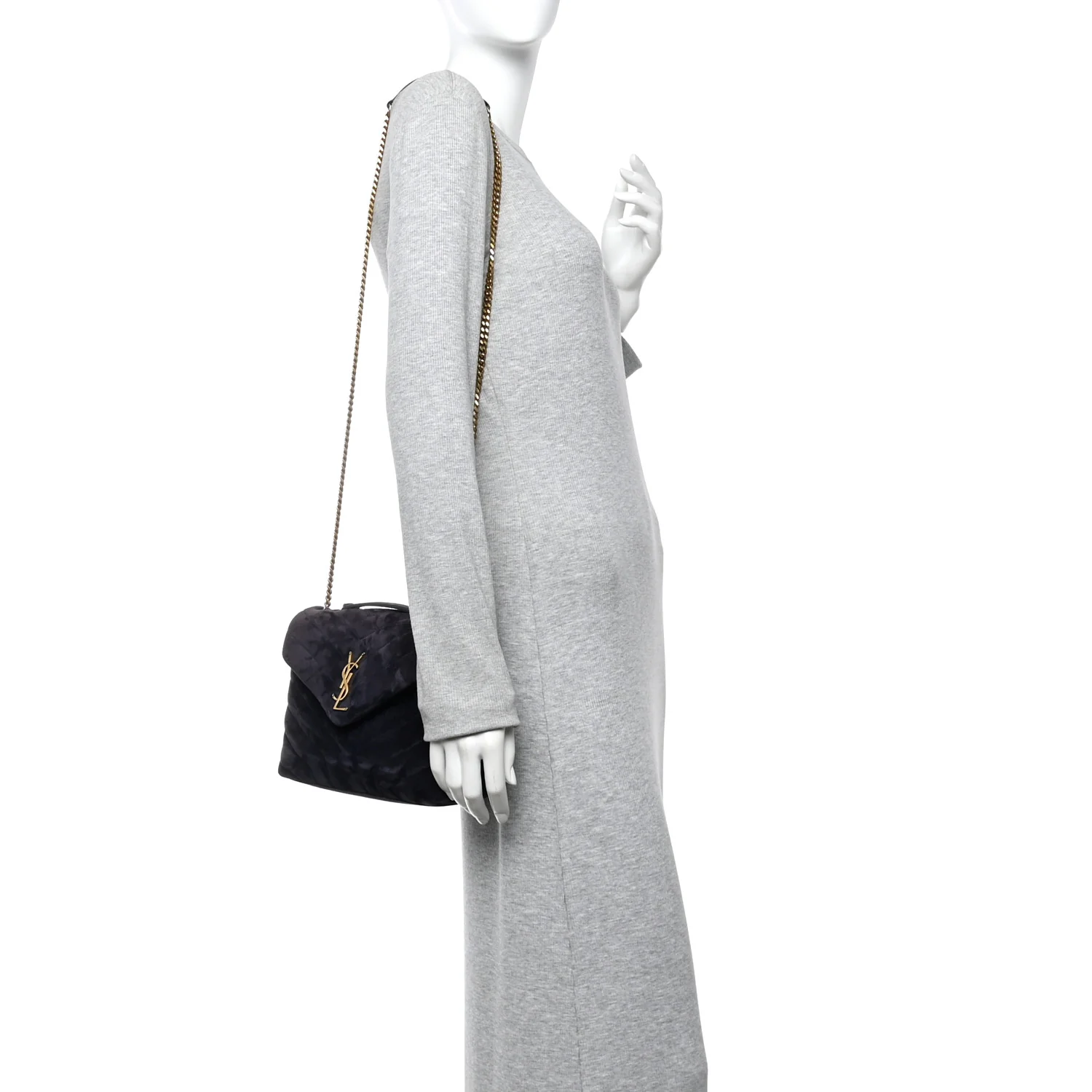 Suede Calfskin Y Quilted Monogram Small Loulou Chain Satchel Deep Marine
