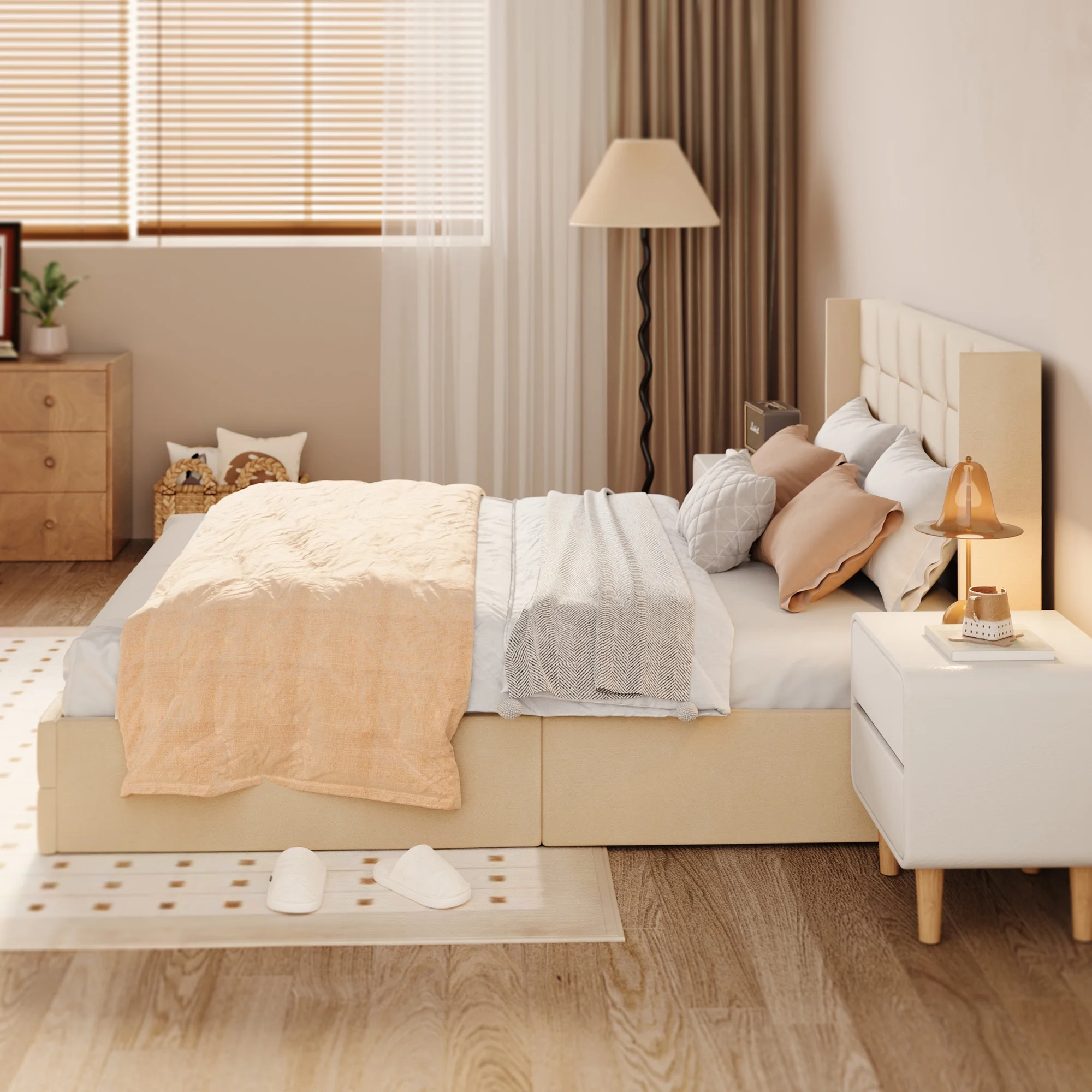 Queen Storage Bed Frame with Hydraulic Lift, Upholstered Headboard Wood Slats, Beige(Queen/Beige) - Image 6